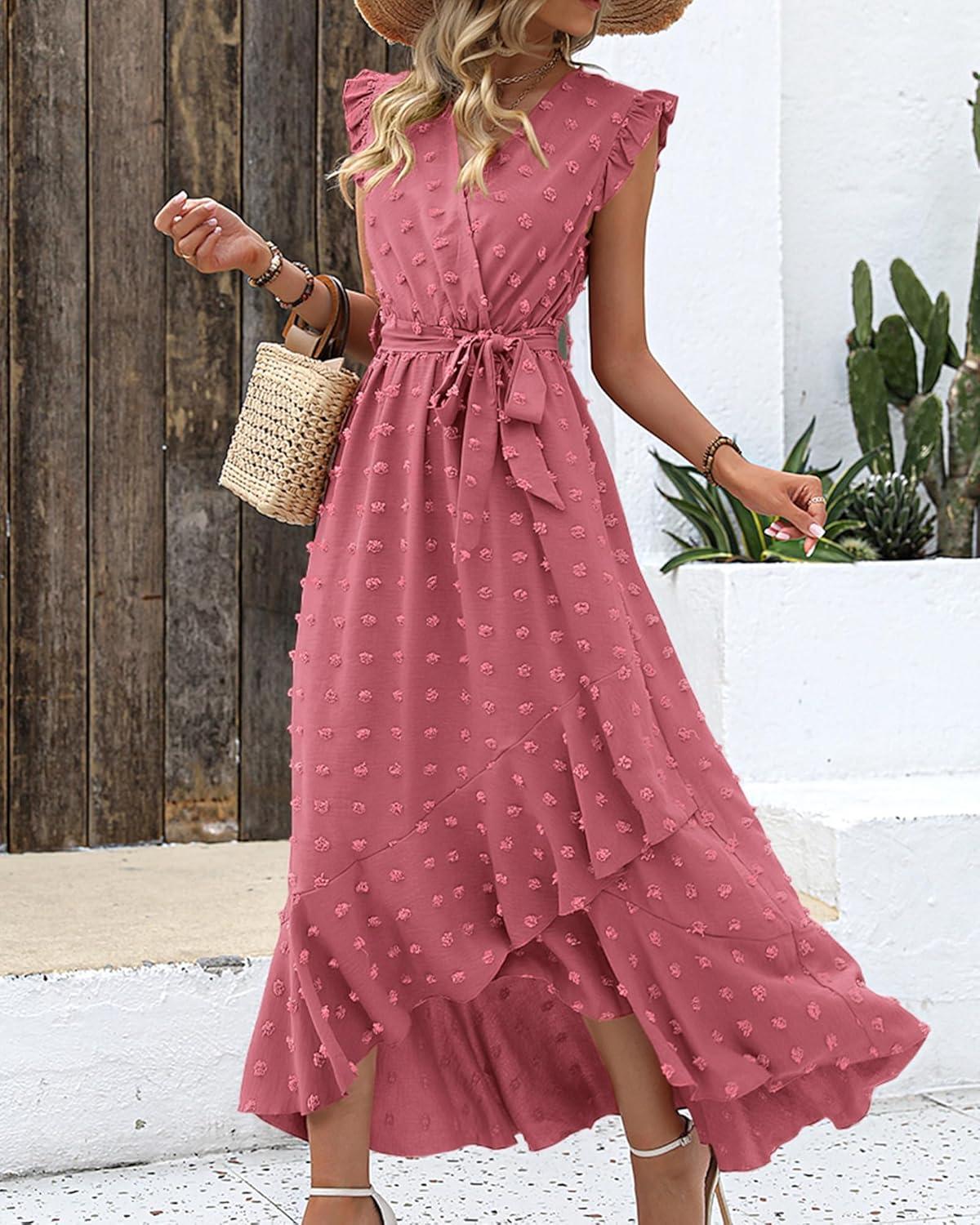 imageBTFBM Boho Dresses for Women 2026 Spring Fashion Cap Sleeve Swiss Dot Flowy Ruffle Beach Wedding Cocktail Maxi DressPink