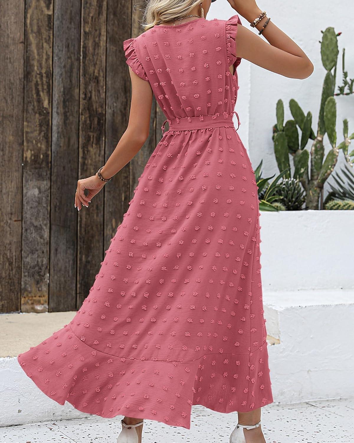 imageBTFBM Boho Dresses for Women 2026 Spring Fashion Cap Sleeve Swiss Dot Flowy Ruffle Beach Wedding Cocktail Maxi DressPink