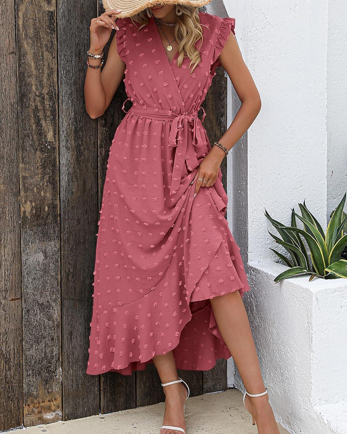 imageBTFBM Boho Dresses for Women 2026 Spring Fashion Cap Sleeve Swiss Dot Flowy Ruffle Beach Wedding Cocktail Maxi DressPink