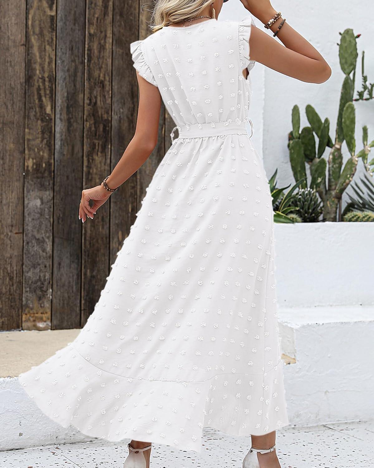 imageBTFBM Boho Dresses for Women 2026 Spring Fashion Cap Sleeve Swiss Dot Flowy Ruffle Beach Wedding Cocktail Maxi DressWhite
