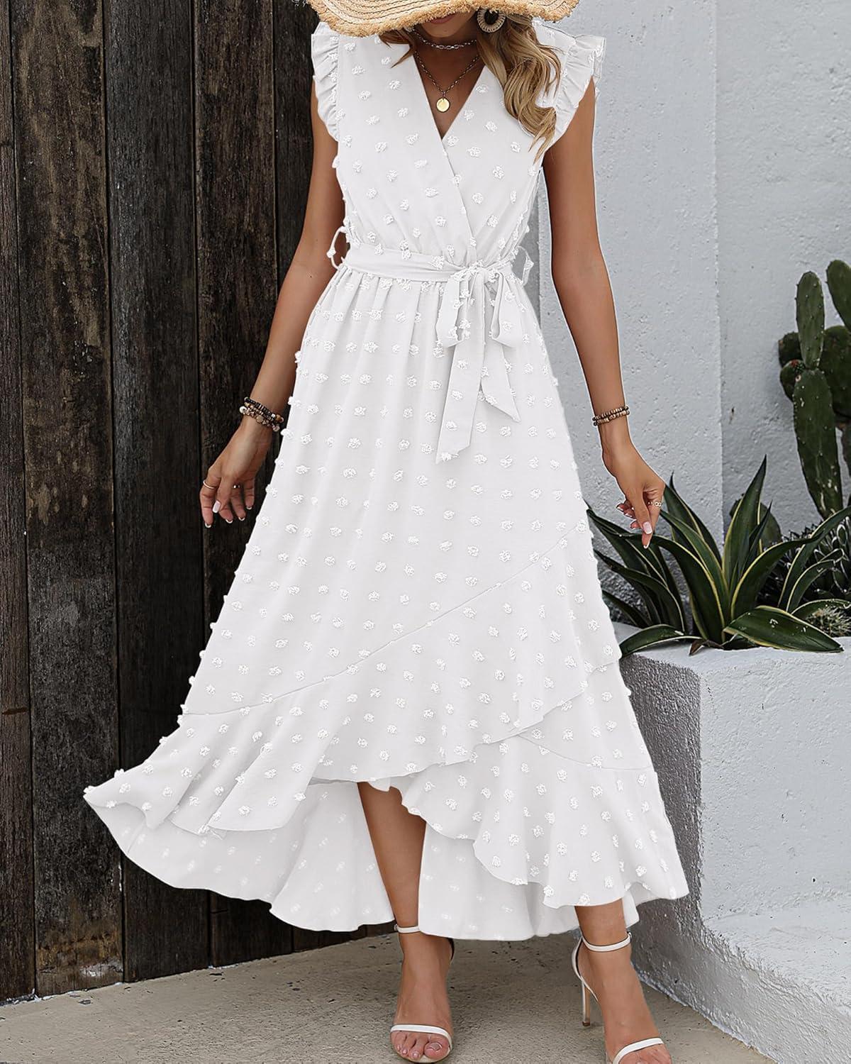 imageBTFBM Boho Dresses for Women 2026 Spring Fashion Cap Sleeve Swiss Dot Flowy Ruffle Beach Wedding Cocktail Maxi DressWhite