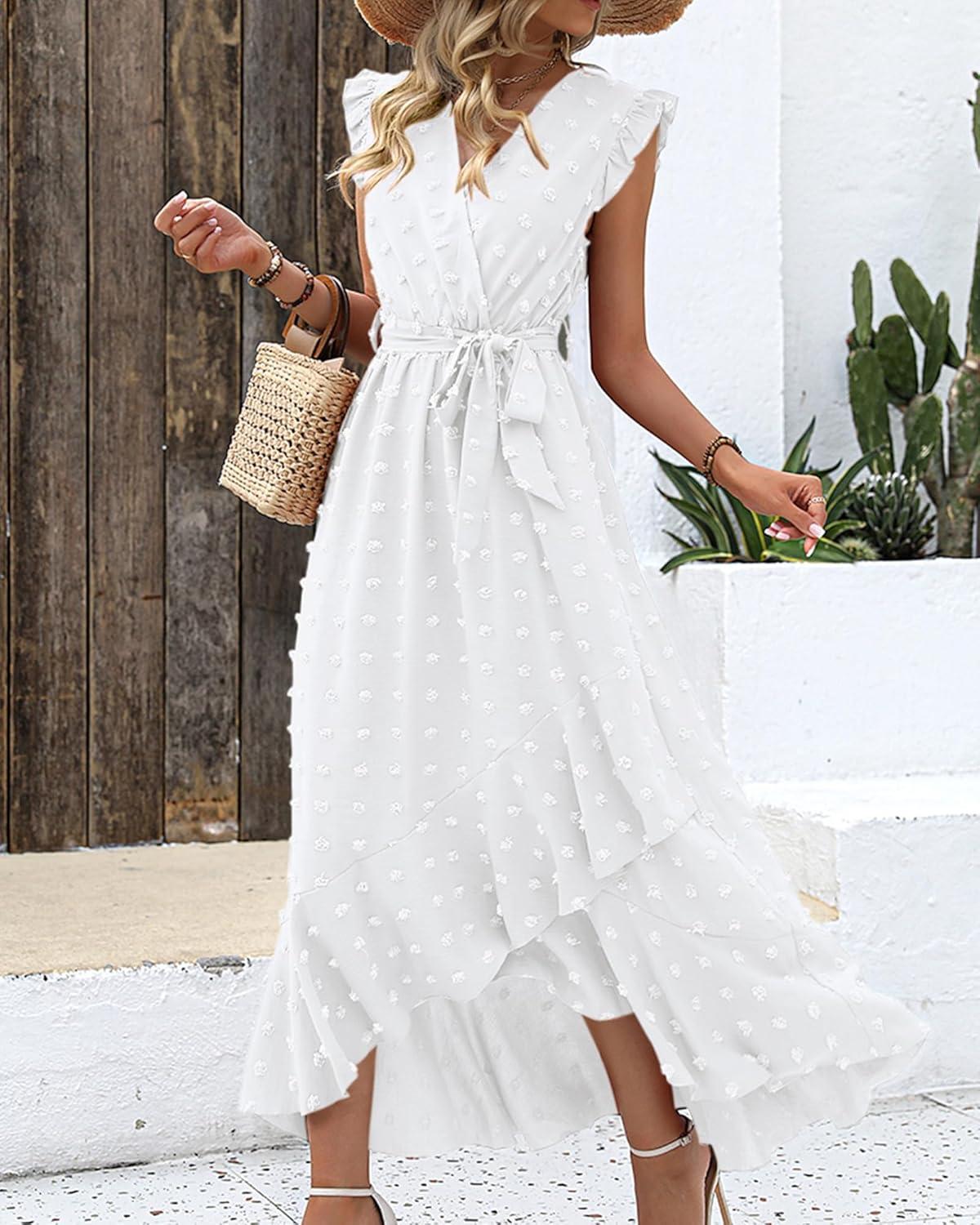imageBTFBM Boho Dresses for Women 2026 Spring Fashion Cap Sleeve Swiss Dot Flowy Ruffle Beach Wedding Cocktail Maxi DressWhite