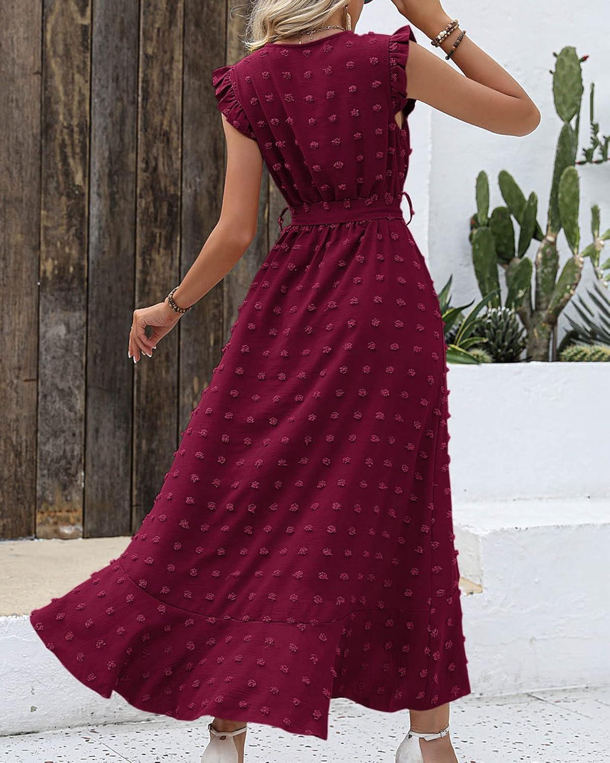 imageBTFBM Boho Dresses for Women 2026 Spring Fashion Cap Sleeve Swiss Dot Flowy Ruffle Beach Wedding Cocktail Maxi DressWine Red