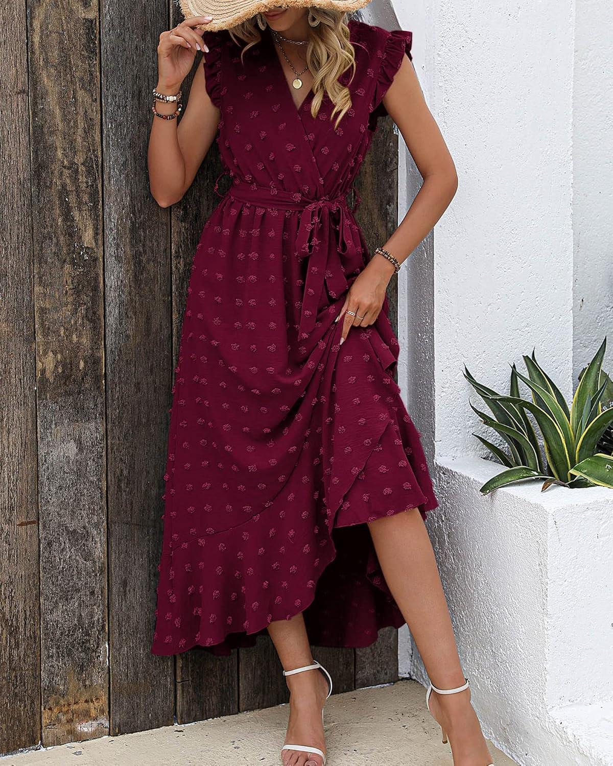 imageBTFBM Boho Dresses for Women 2026 Spring Fashion Cap Sleeve Swiss Dot Flowy Ruffle Beach Wedding Cocktail Maxi DressWine Red