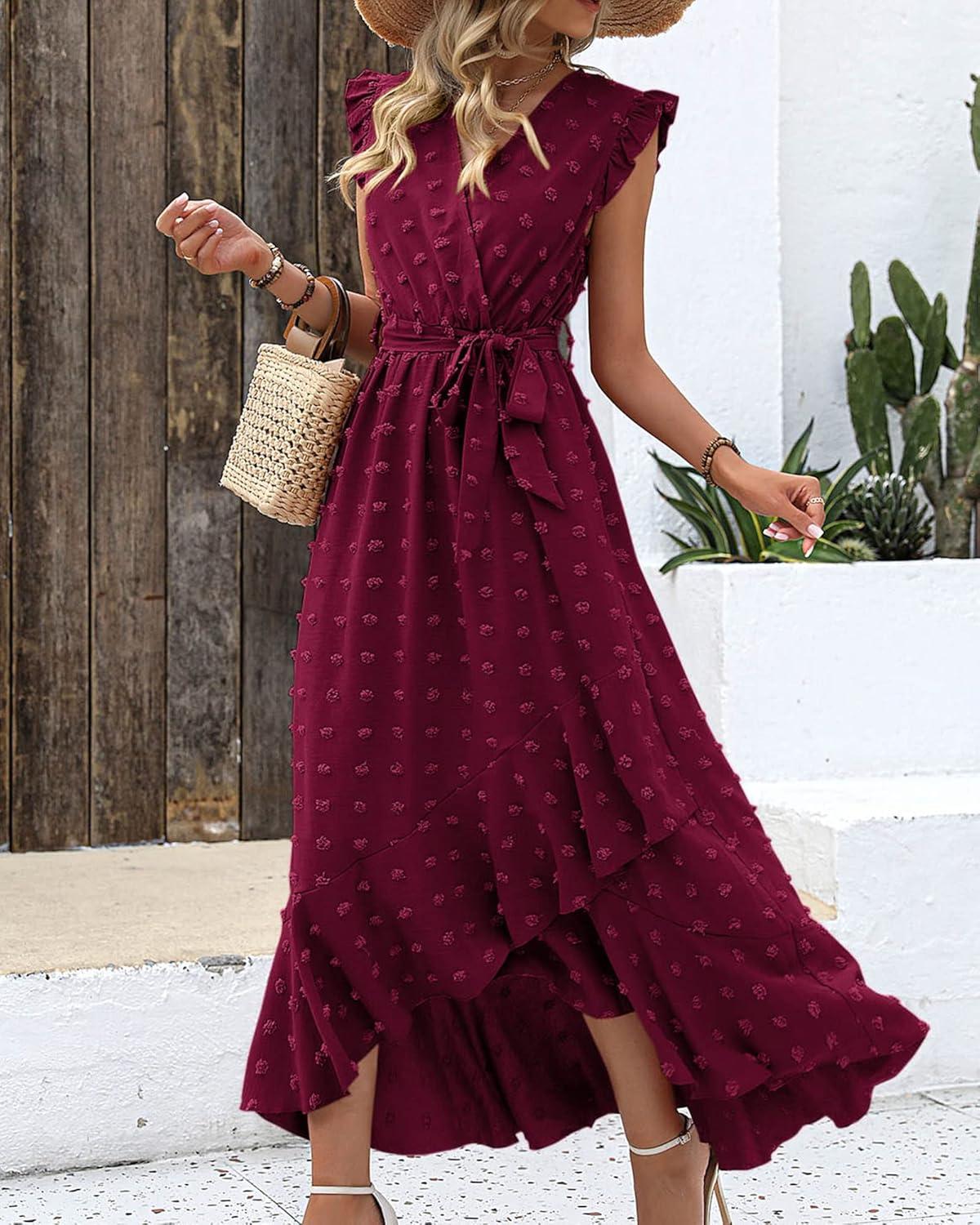 imageBTFBM Boho Dresses for Women 2026 Spring Fashion Cap Sleeve Swiss Dot Flowy Ruffle Beach Wedding Cocktail Maxi DressWine Red