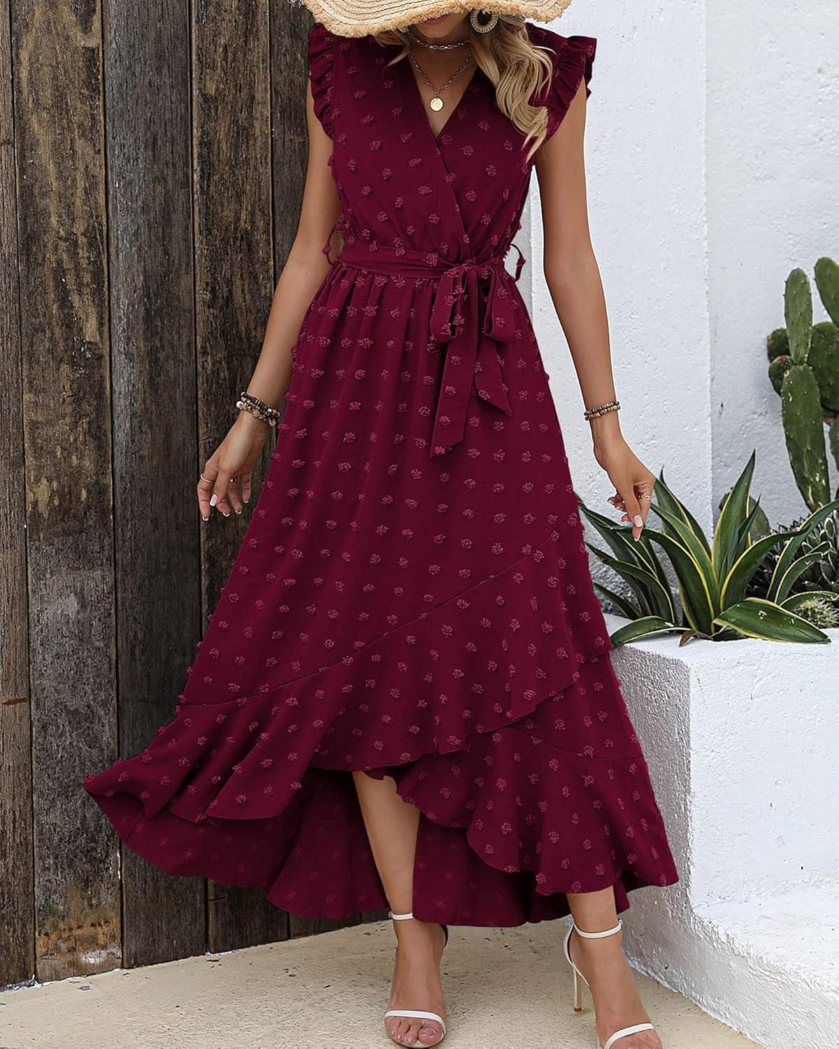 imageBTFBM Boho Dresses for Women 2026 Spring Fashion Cap Sleeve Swiss Dot Flowy Ruffle Beach Wedding Cocktail Maxi DressWine Red