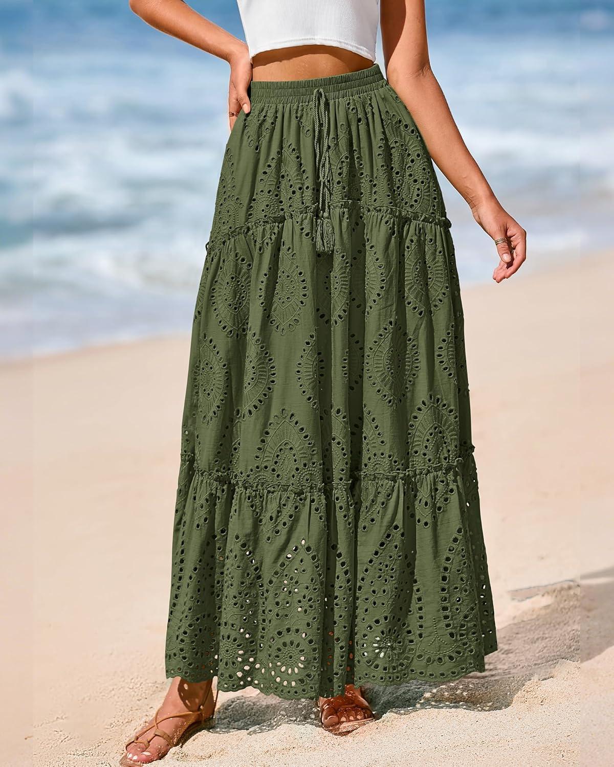 imageBTFBM Boho Long Skirts for Women Spring Summer 2026 Lace Embroidery High Waist Flowy Tiered Maxi Skirt Beach VacationArmy Green