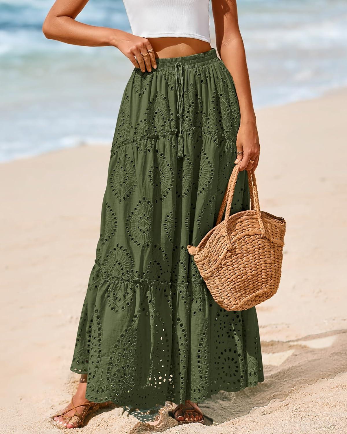 imageBTFBM Boho Long Skirts for Women Spring Summer 2026 Lace Embroidery High Waist Flowy Tiered Maxi Skirt Beach VacationArmy Green