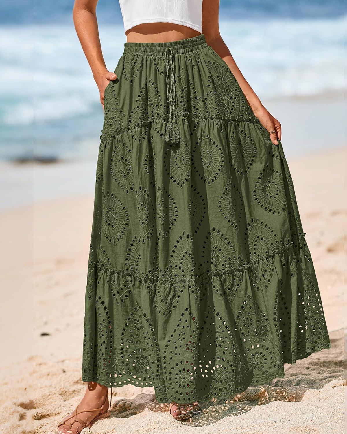 imageBTFBM Boho Long Skirts for Women Spring Summer 2026 Lace Embroidery High Waist Flowy Tiered Maxi Skirt Beach VacationArmy Green