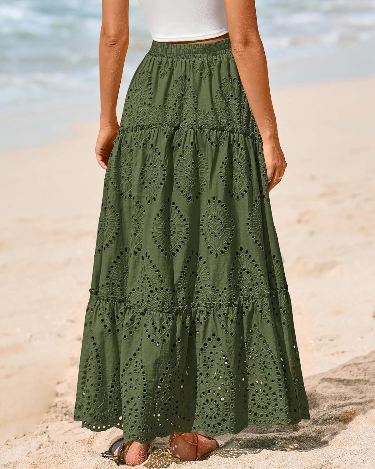 imageBTFBM Boho Long Skirts for Women Spring Summer 2026 Lace Embroidery High Waist Flowy Tiered Maxi Skirt Beach VacationArmy Green
