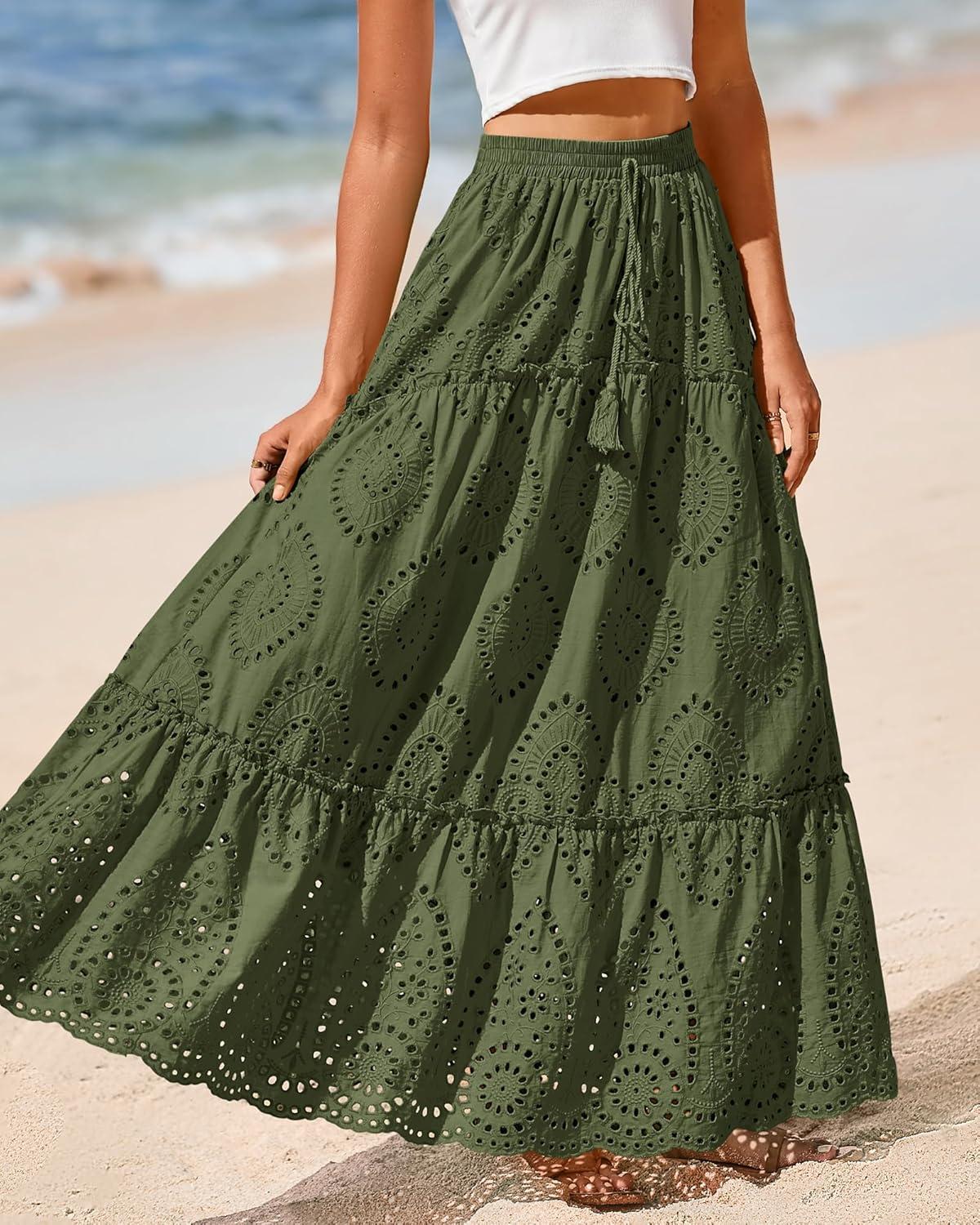 imageBTFBM Boho Long Skirts for Women Spring Summer 2026 Lace Embroidery High Waist Flowy Tiered Maxi Skirt Beach VacationArmy Green
