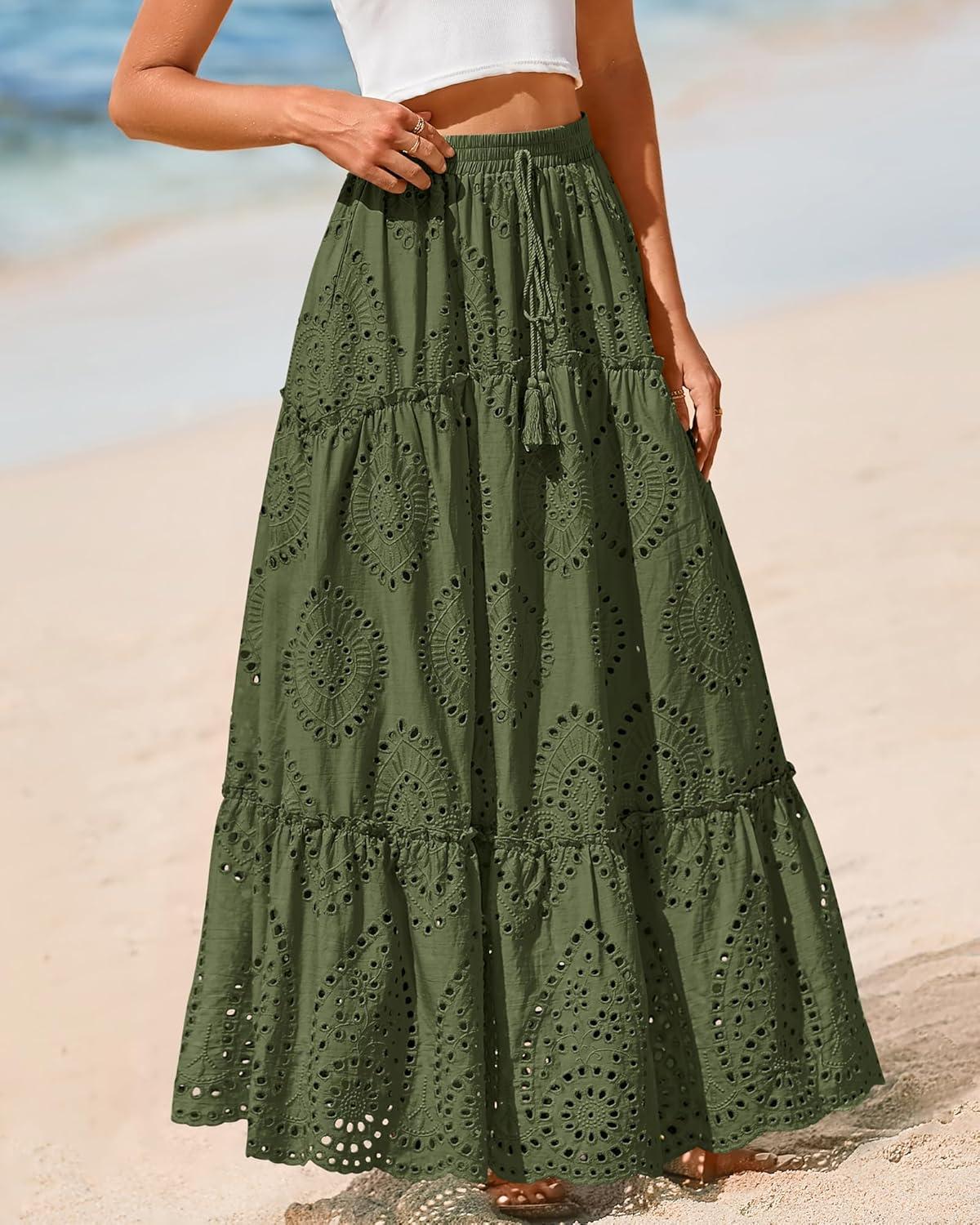 imageBTFBM Boho Long Skirts for Women Spring Summer 2026 Lace Embroidery High Waist Flowy Tiered Maxi Skirt Beach VacationArmy Green