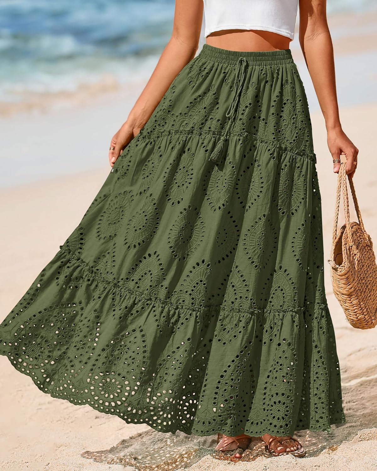 imageBTFBM Boho Long Skirts for Women Spring Summer 2026 Lace Embroidery High Waist Flowy Tiered Maxi Skirt Beach VacationArmy Green