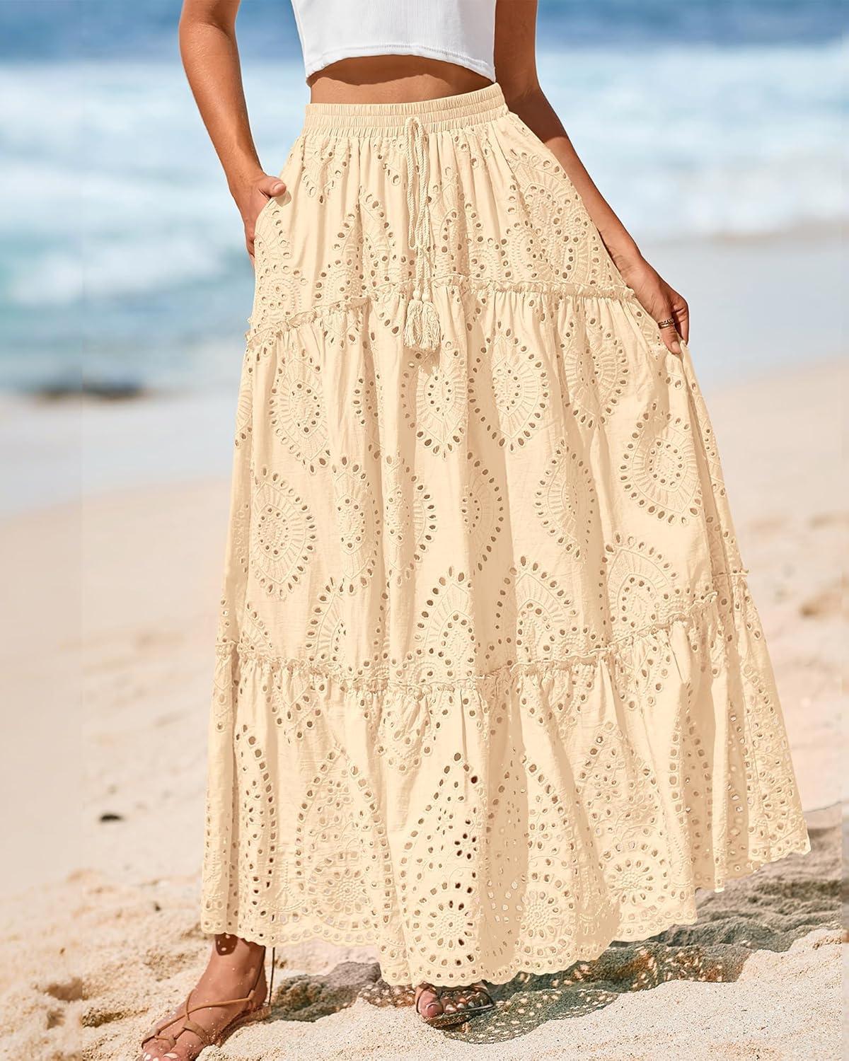 imageBTFBM Boho Long Skirts for Women Spring Summer 2026 Lace Embroidery High Waist Flowy Tiered Maxi Skirt Beach VacationBeige