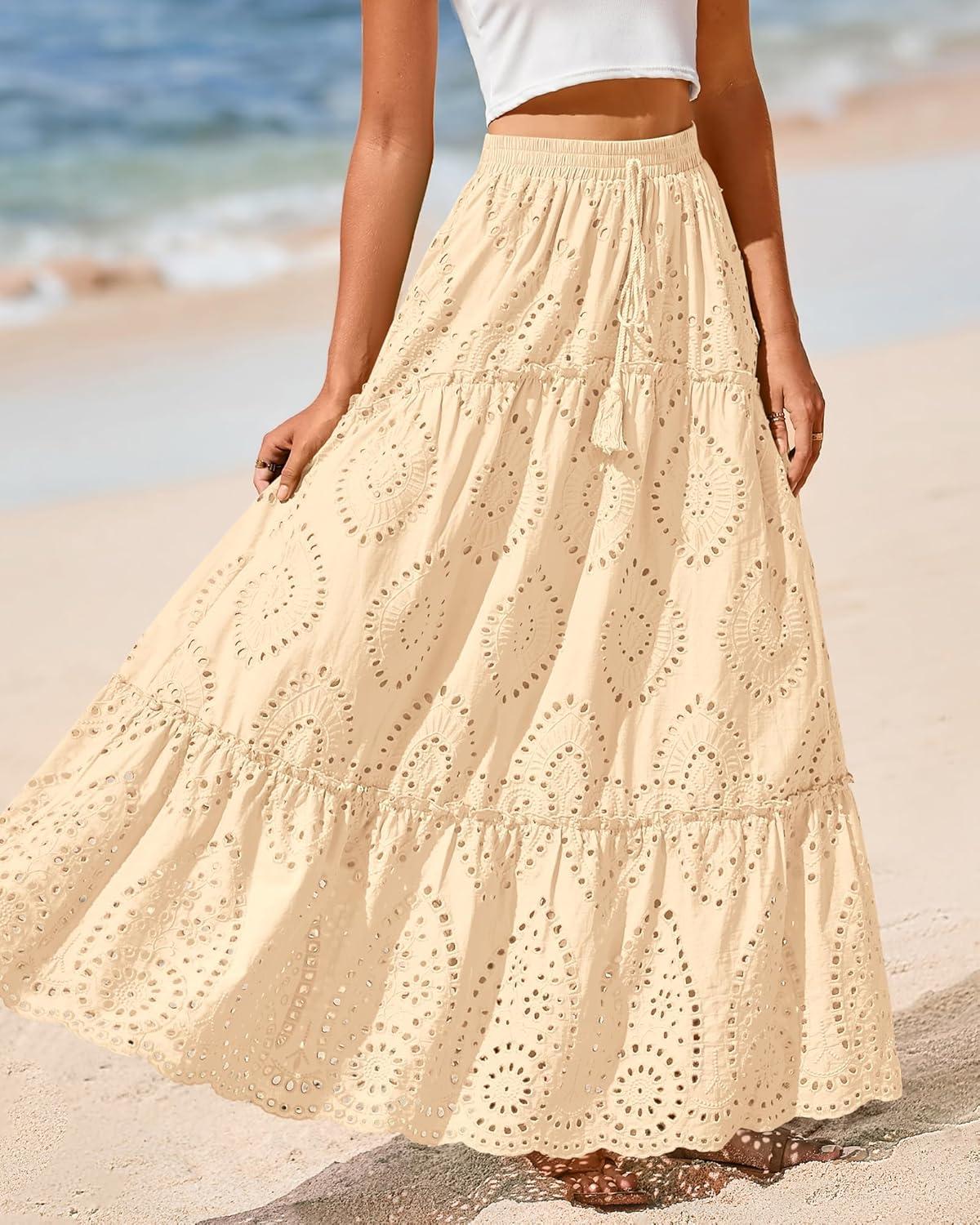 imageBTFBM Boho Long Skirts for Women Spring Summer 2026 Lace Embroidery High Waist Flowy Tiered Maxi Skirt Beach VacationBeige