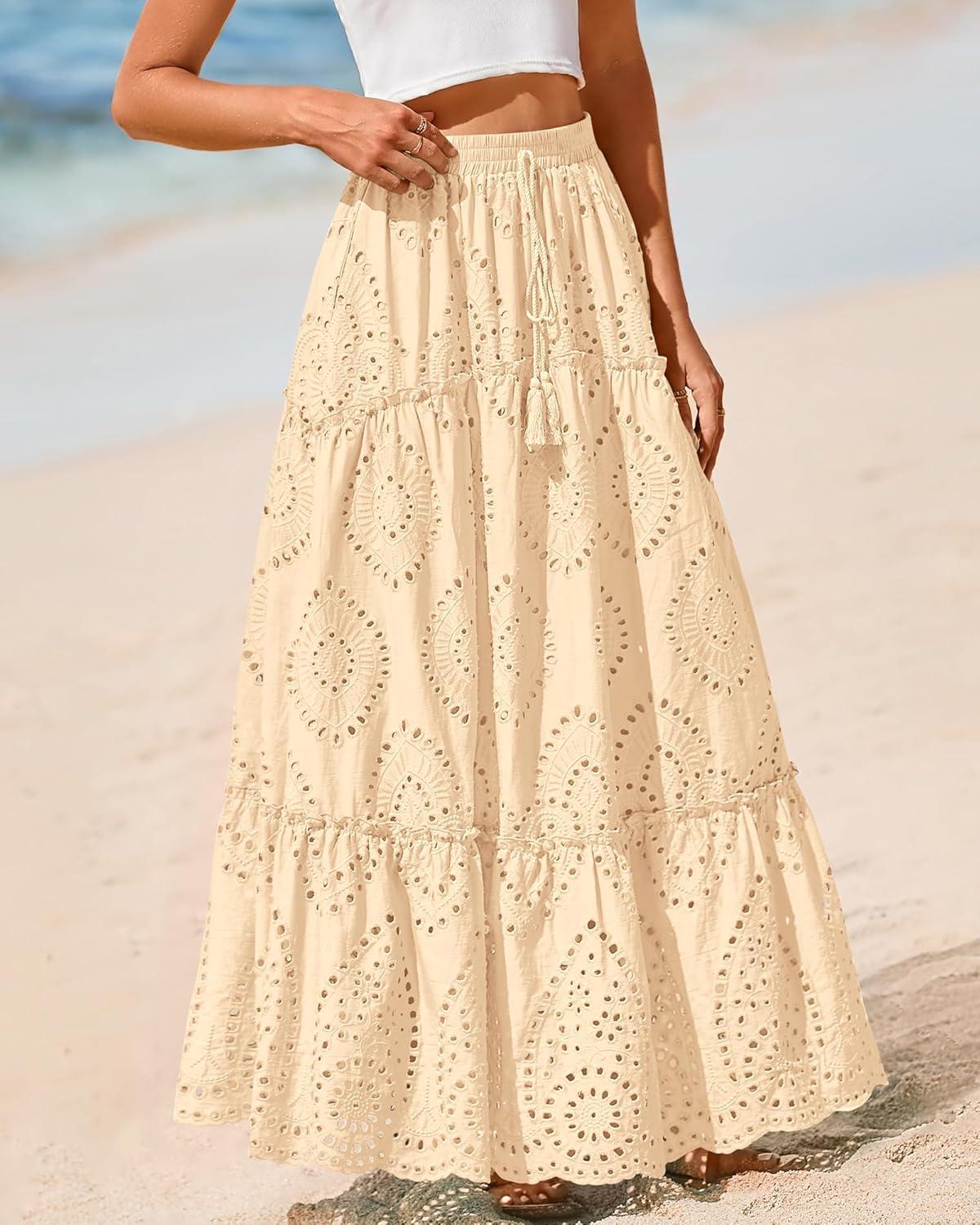 imageBTFBM Boho Long Skirts for Women Spring Summer 2026 Lace Embroidery High Waist Flowy Tiered Maxi Skirt Beach VacationBeige