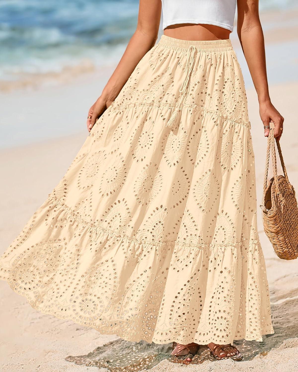 imageBTFBM Boho Long Skirts for Women Spring Summer 2026 Lace Embroidery High Waist Flowy Tiered Maxi Skirt Beach VacationBeige