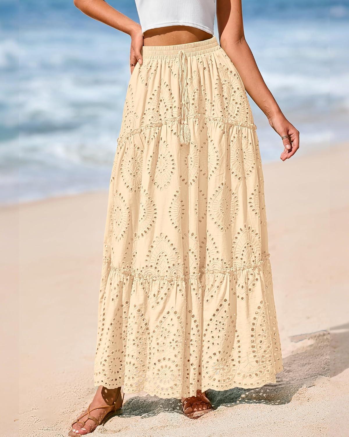 imageBTFBM Boho Long Skirts for Women Spring Summer 2026 Lace Embroidery High Waist Flowy Tiered Maxi Skirt Beach VacationBeige