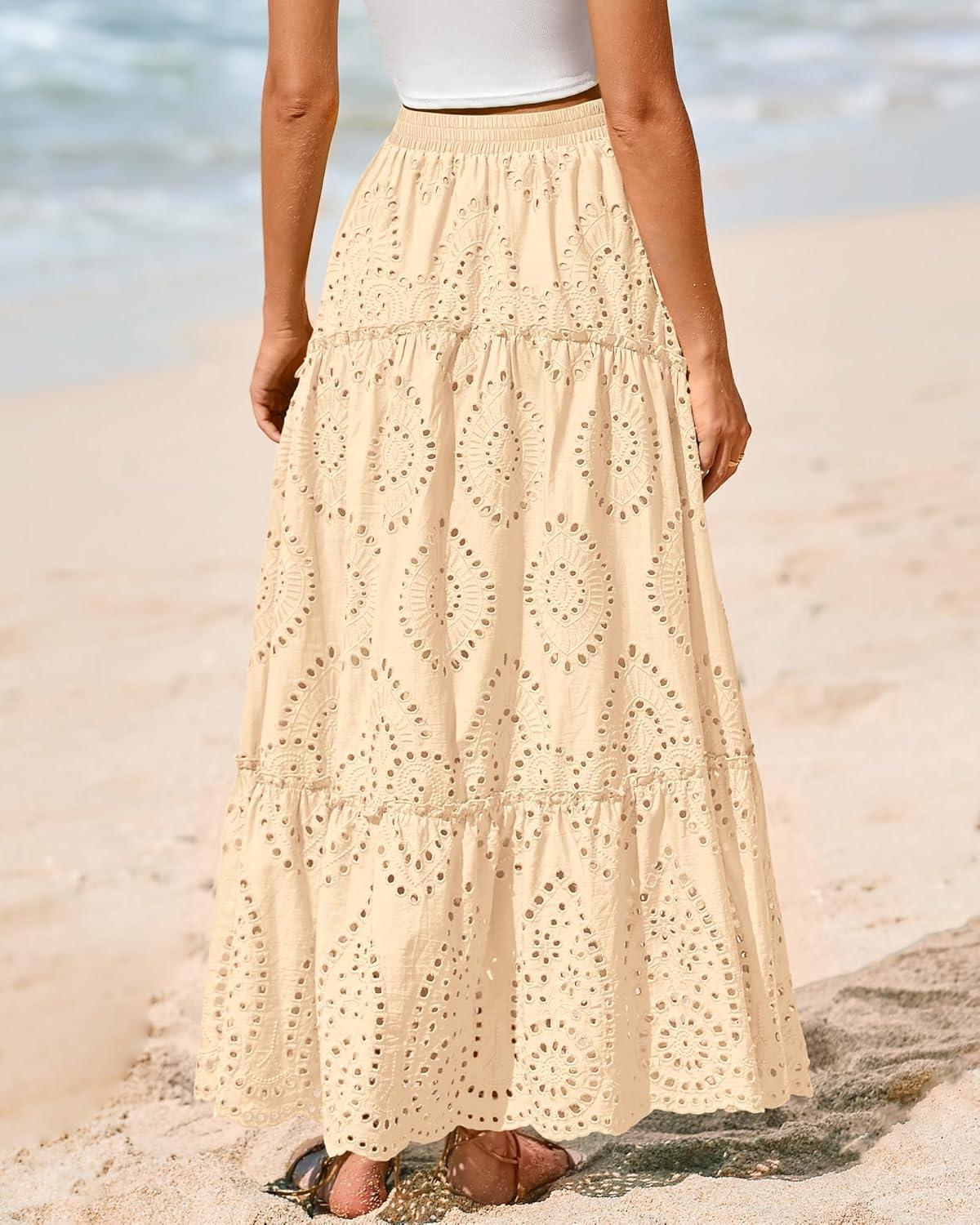 imageBTFBM Boho Long Skirts for Women Spring Summer 2026 Lace Embroidery High Waist Flowy Tiered Maxi Skirt Beach VacationBeige