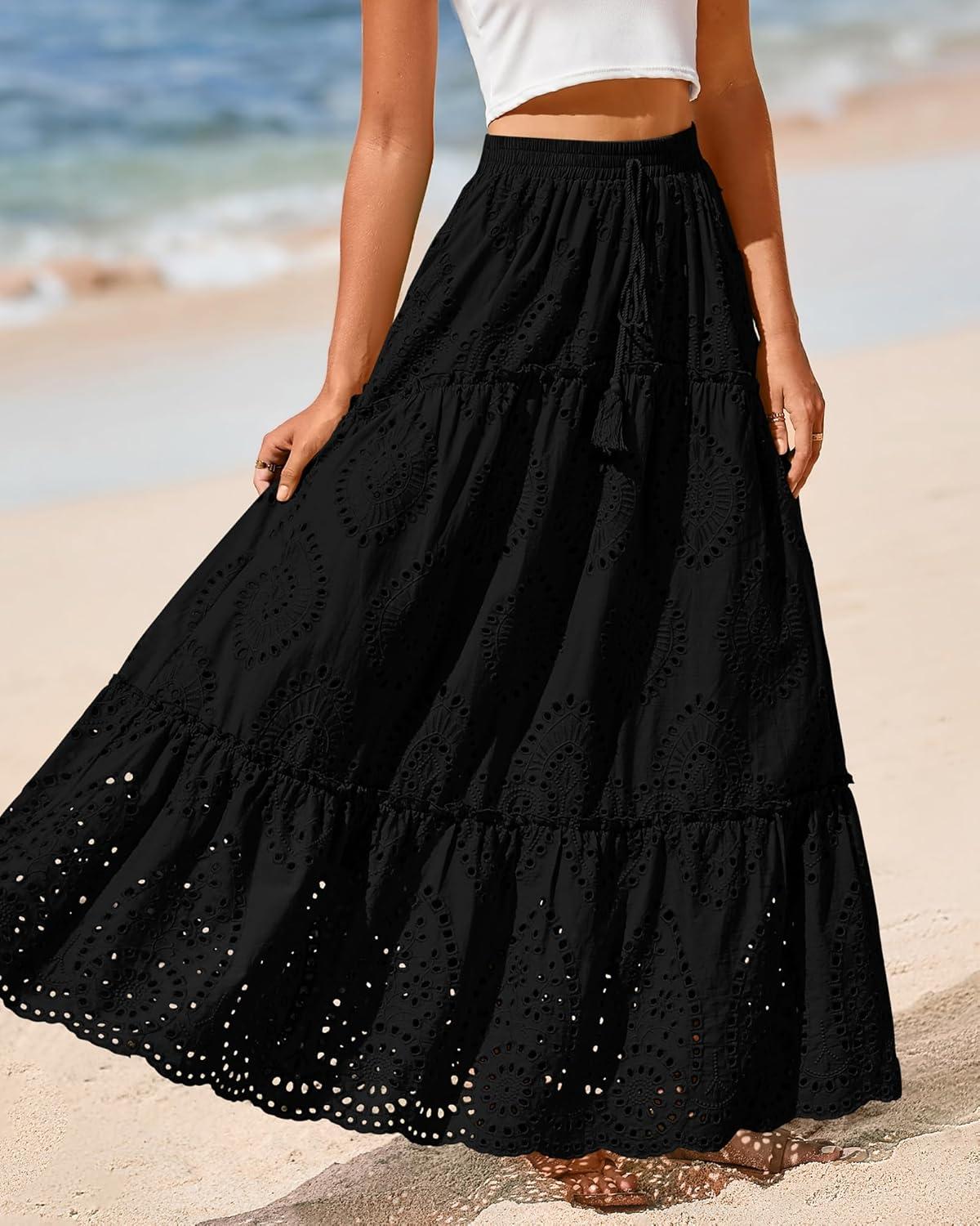 imageBTFBM Boho Long Skirts for Women Spring Summer 2026 Lace Embroidery High Waist Flowy Tiered Maxi Skirt Beach VacationBlack