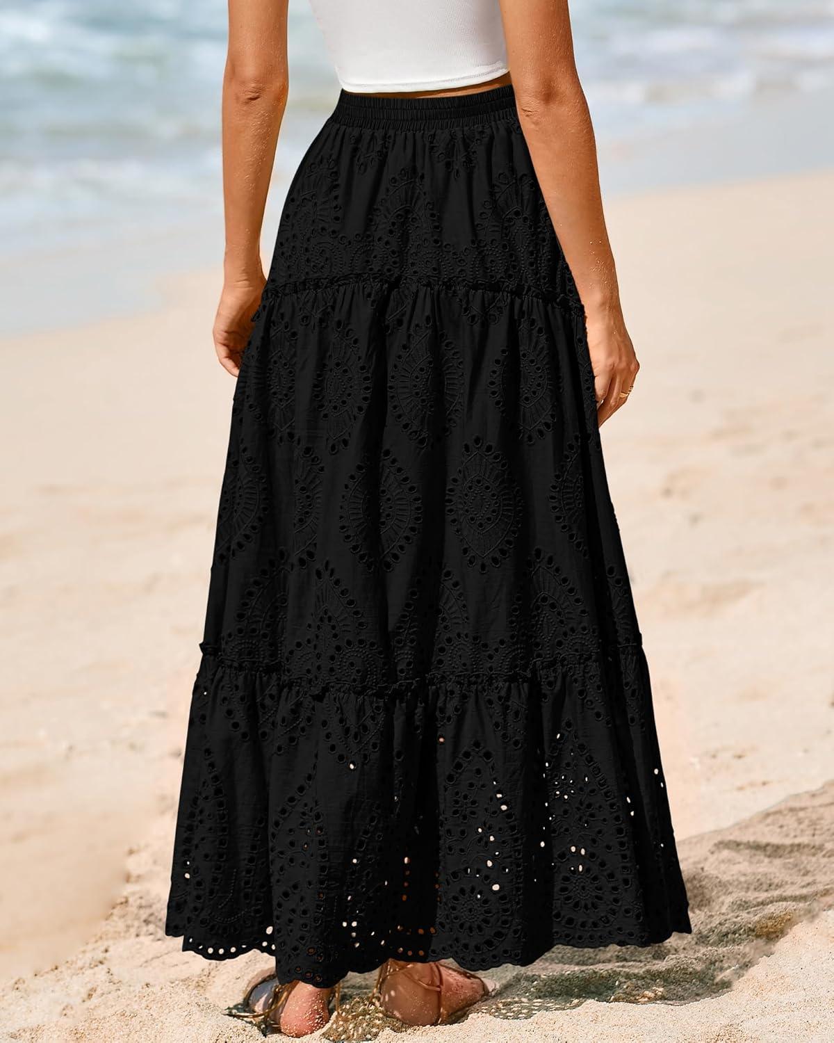 imageBTFBM Boho Long Skirts for Women Spring Summer 2026 Lace Embroidery High Waist Flowy Tiered Maxi Skirt Beach VacationBlack