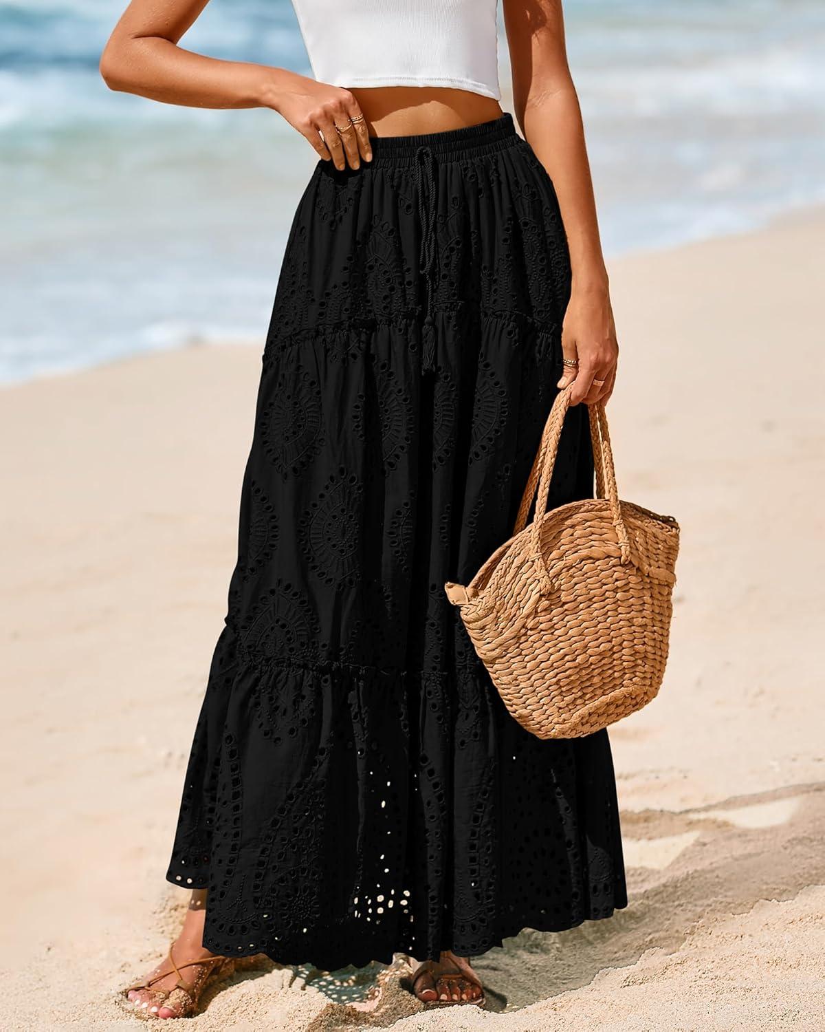 imageBTFBM Boho Long Skirts for Women Spring Summer 2026 Lace Embroidery High Waist Flowy Tiered Maxi Skirt Beach VacationBlack