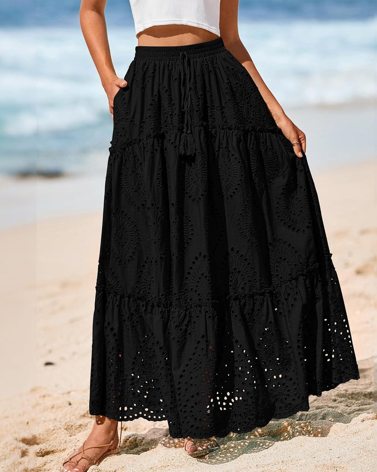 imageBTFBM Boho Long Skirts for Women Spring Summer 2026 Lace Embroidery High Waist Flowy Tiered Maxi Skirt Beach VacationBlack