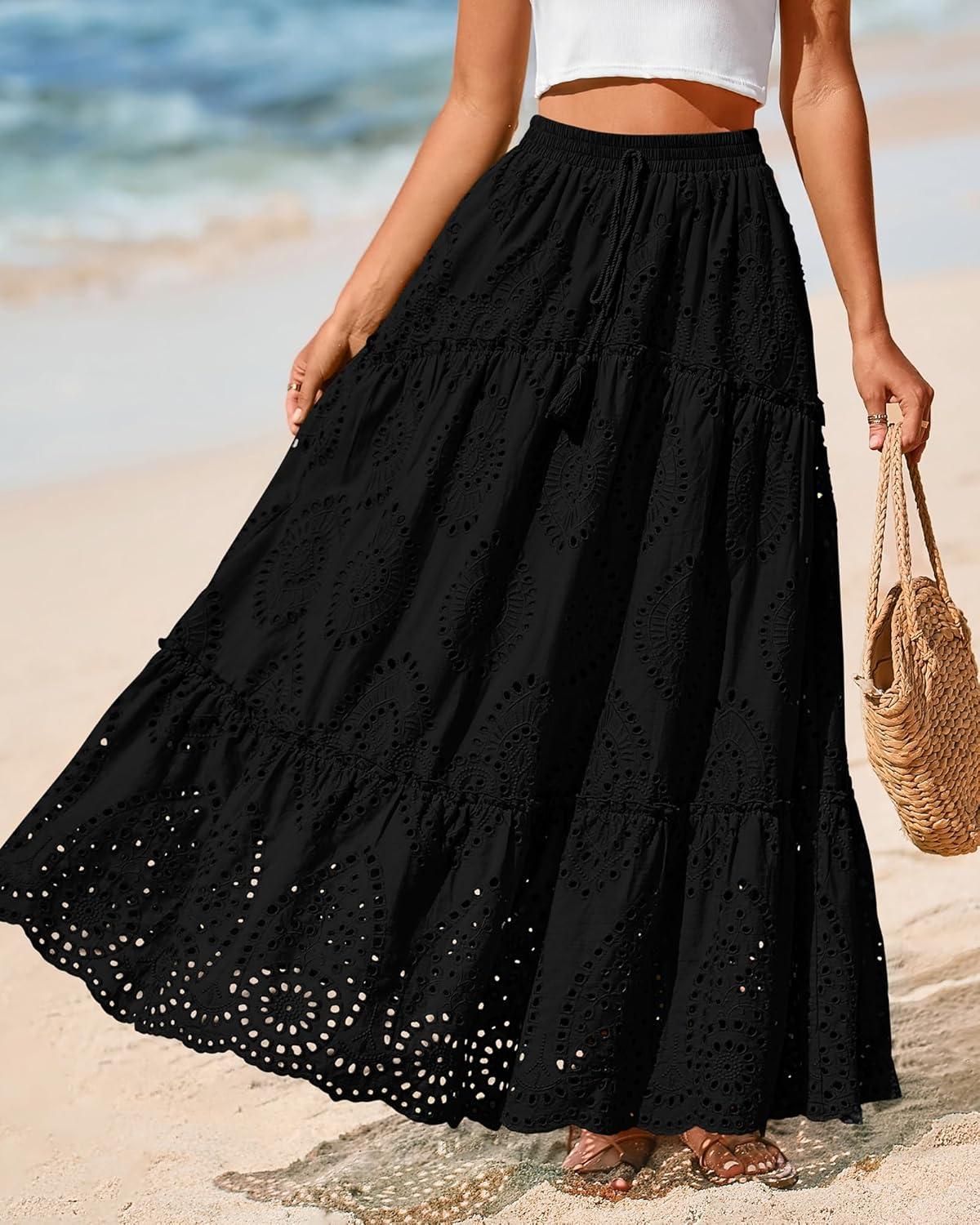 imageBTFBM Boho Long Skirts for Women Spring Summer 2026 Lace Embroidery High Waist Flowy Tiered Maxi Skirt Beach VacationBlack