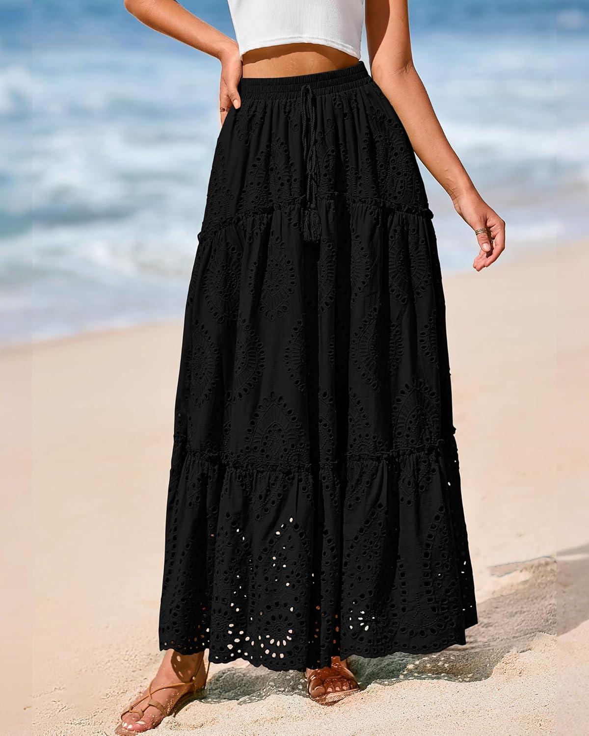 imageBTFBM Boho Long Skirts for Women Spring Summer 2026 Lace Embroidery High Waist Flowy Tiered Maxi Skirt Beach VacationBlack