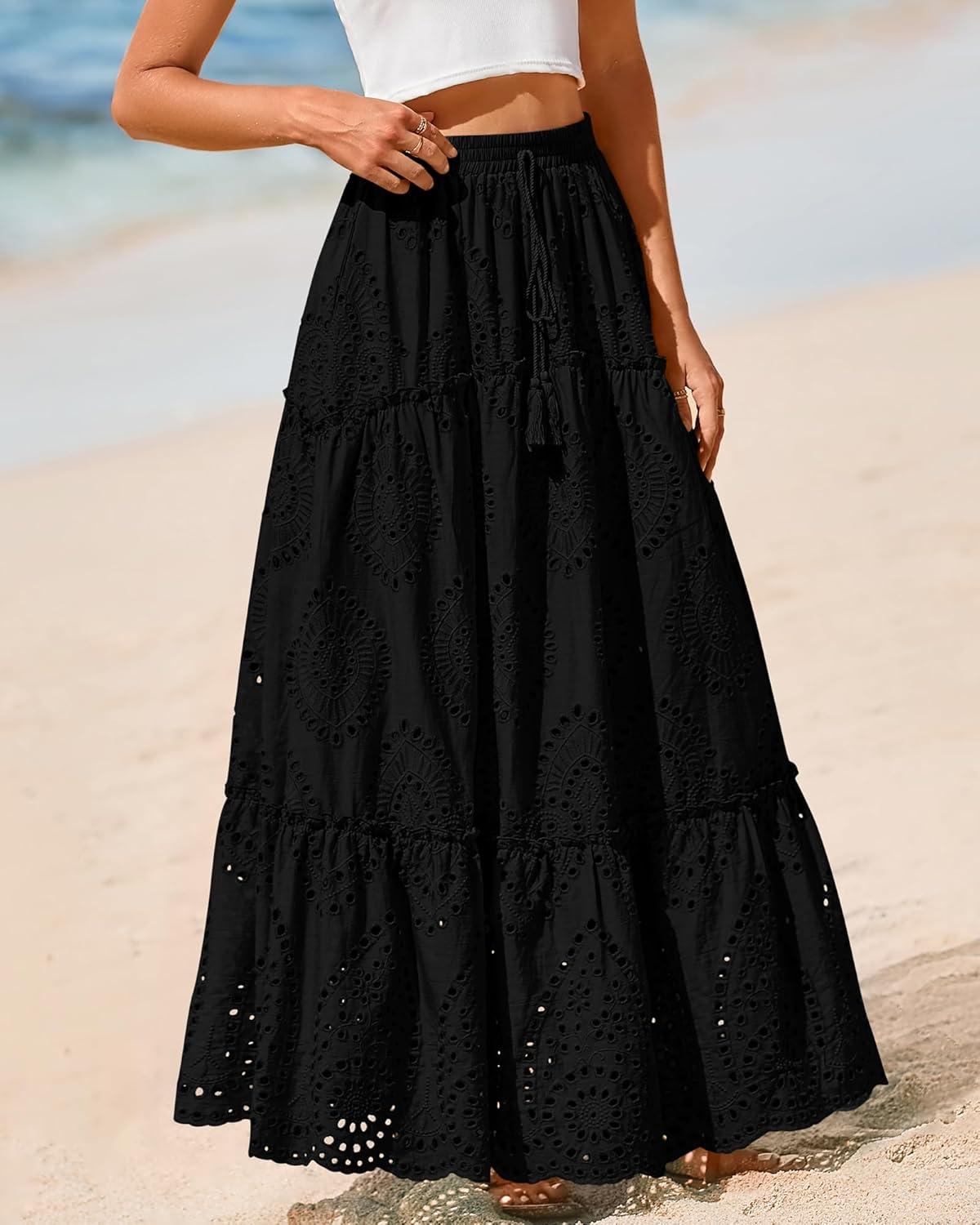 imageBTFBM Boho Long Skirts for Women Spring Summer 2026 Lace Embroidery High Waist Flowy Tiered Maxi Skirt Beach VacationBlack