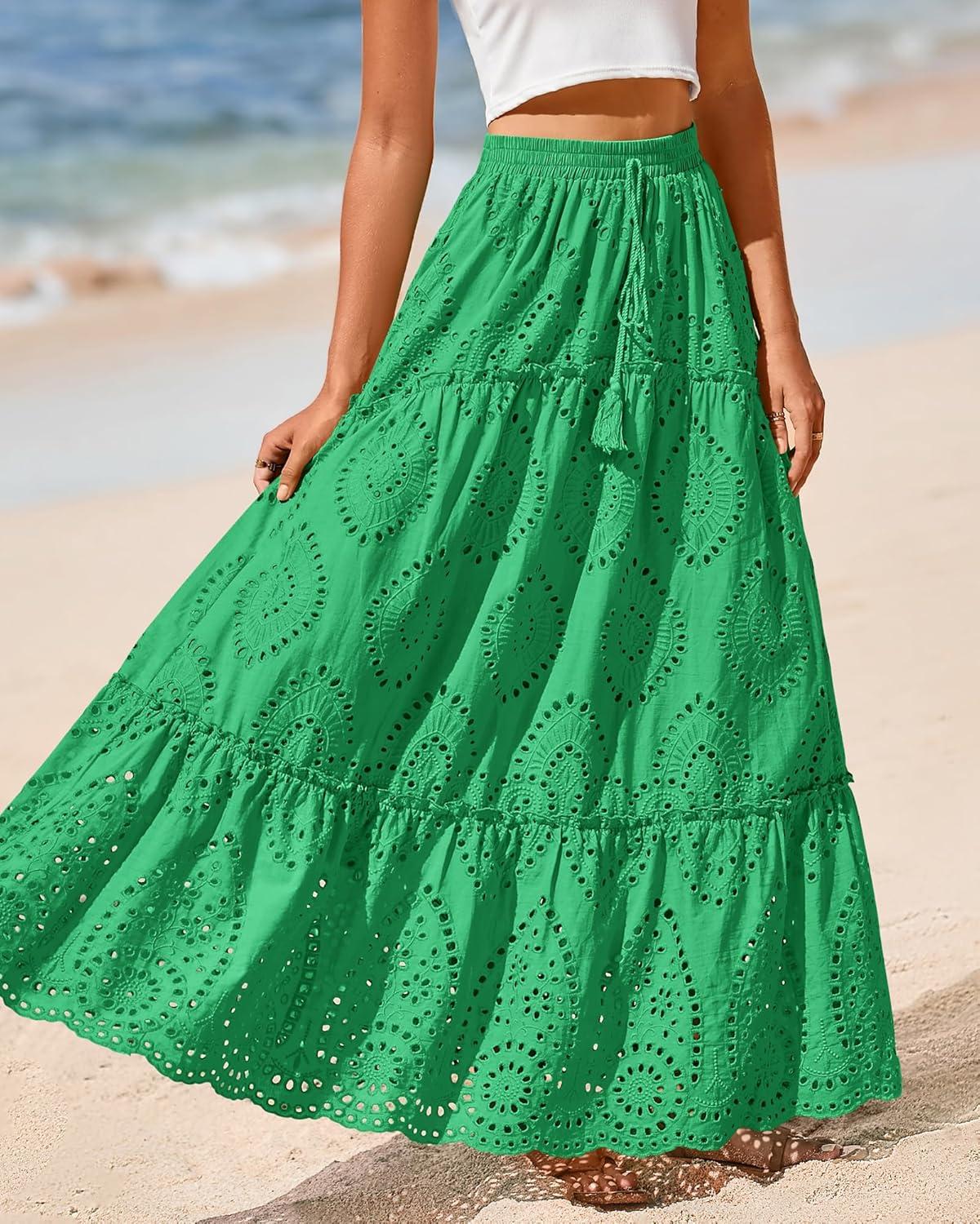 imageBTFBM Boho Long Skirts for Women Spring Summer 2026 Lace Embroidery High Waist Flowy Tiered Maxi Skirt Beach VacationGreen