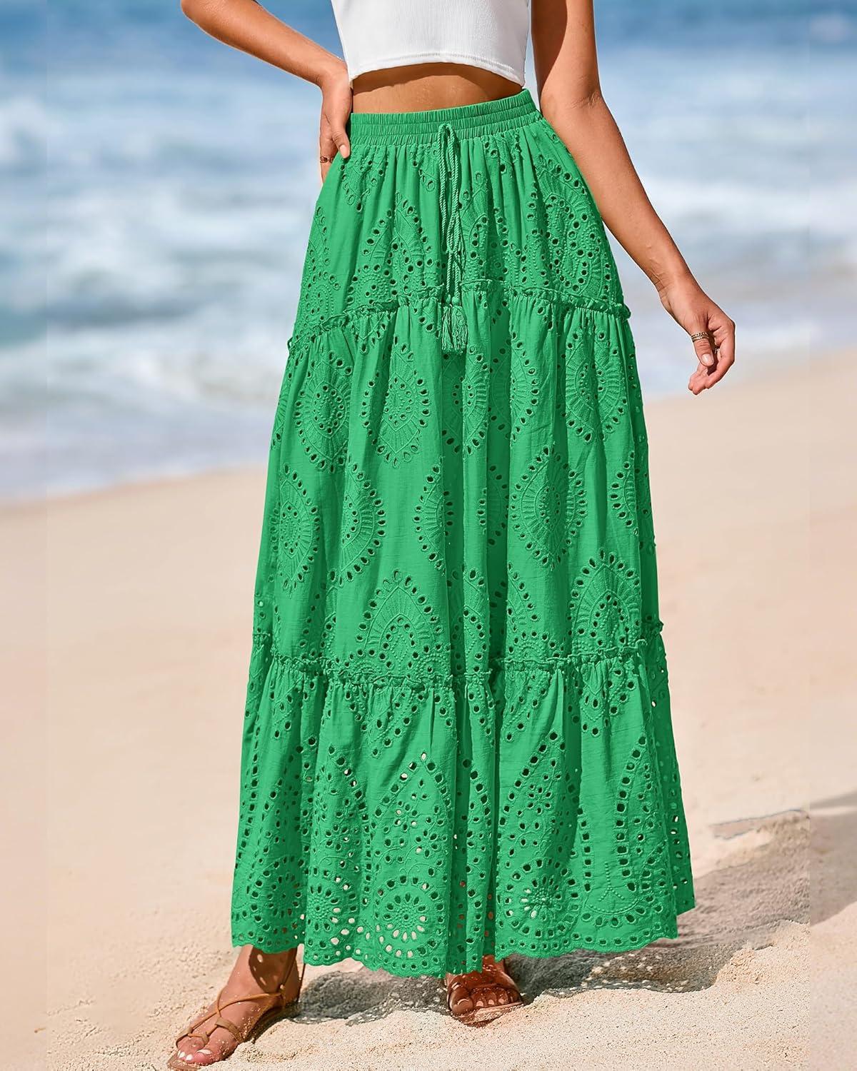 imageBTFBM Boho Long Skirts for Women Spring Summer 2026 Lace Embroidery High Waist Flowy Tiered Maxi Skirt Beach VacationGreen