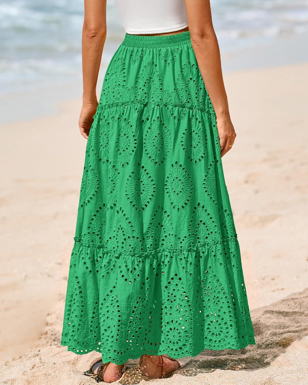 imageBTFBM Boho Long Skirts for Women Spring Summer 2026 Lace Embroidery High Waist Flowy Tiered Maxi Skirt Beach VacationGreen