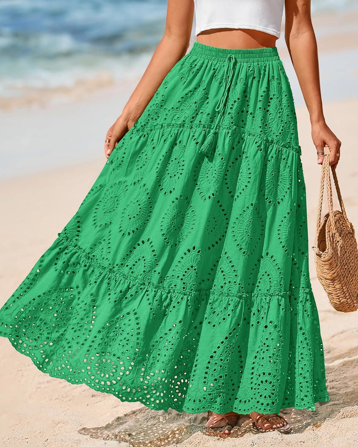 imageBTFBM Boho Long Skirts for Women Spring Summer 2026 Lace Embroidery High Waist Flowy Tiered Maxi Skirt Beach VacationGreen