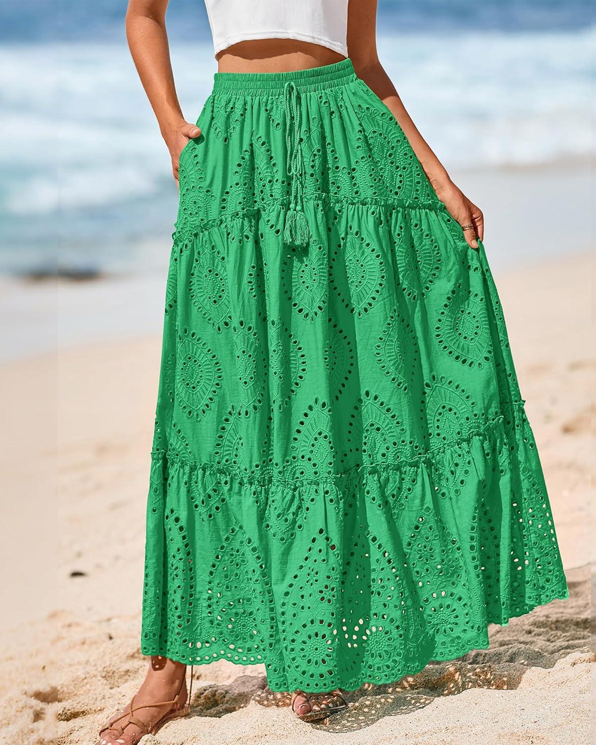 imageBTFBM Boho Long Skirts for Women Spring Summer 2026 Lace Embroidery High Waist Flowy Tiered Maxi Skirt Beach VacationGreen