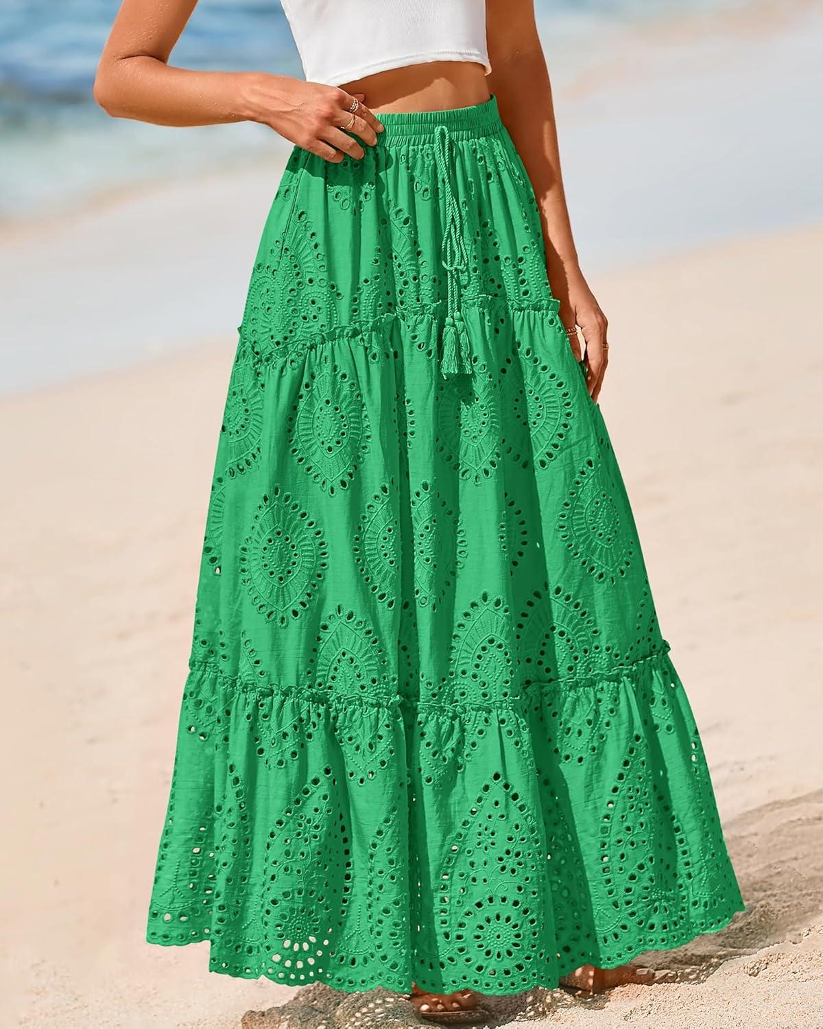 imageBTFBM Boho Long Skirts for Women Spring Summer 2026 Lace Embroidery High Waist Flowy Tiered Maxi Skirt Beach VacationGreen