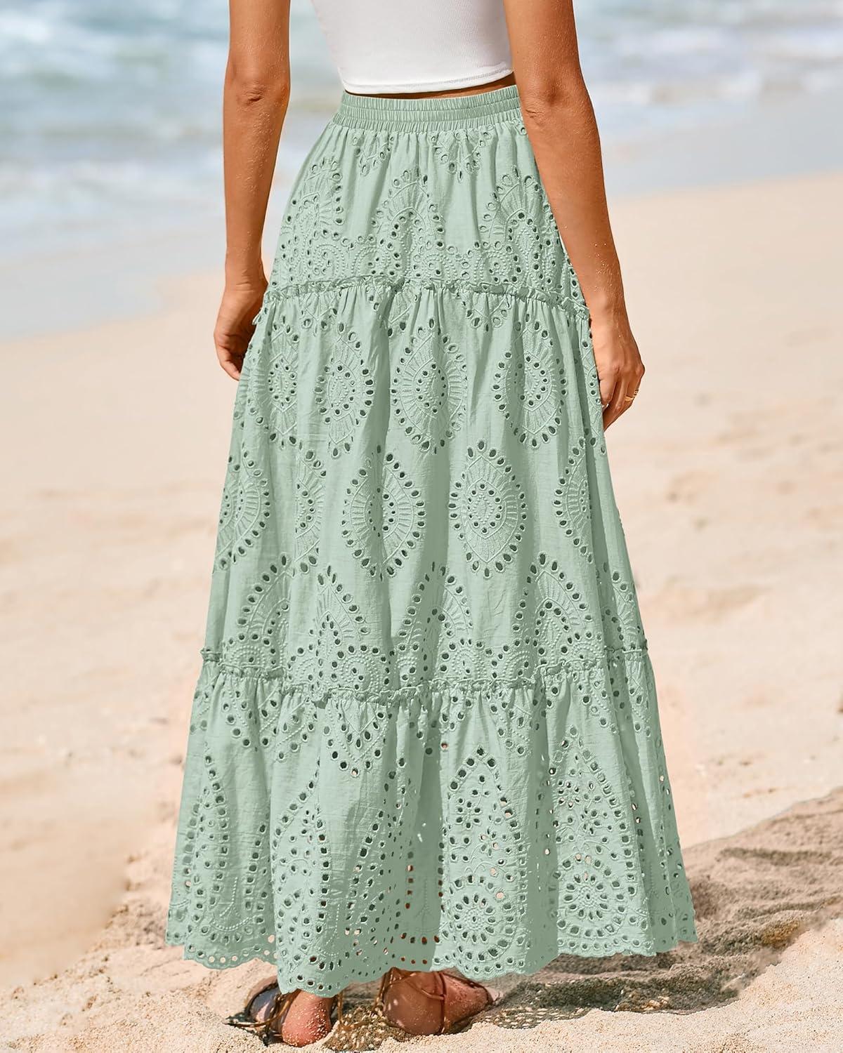 imageBTFBM Boho Long Skirts for Women Spring Summer 2026 Lace Embroidery High Waist Flowy Tiered Maxi Skirt Beach VacationLight Green