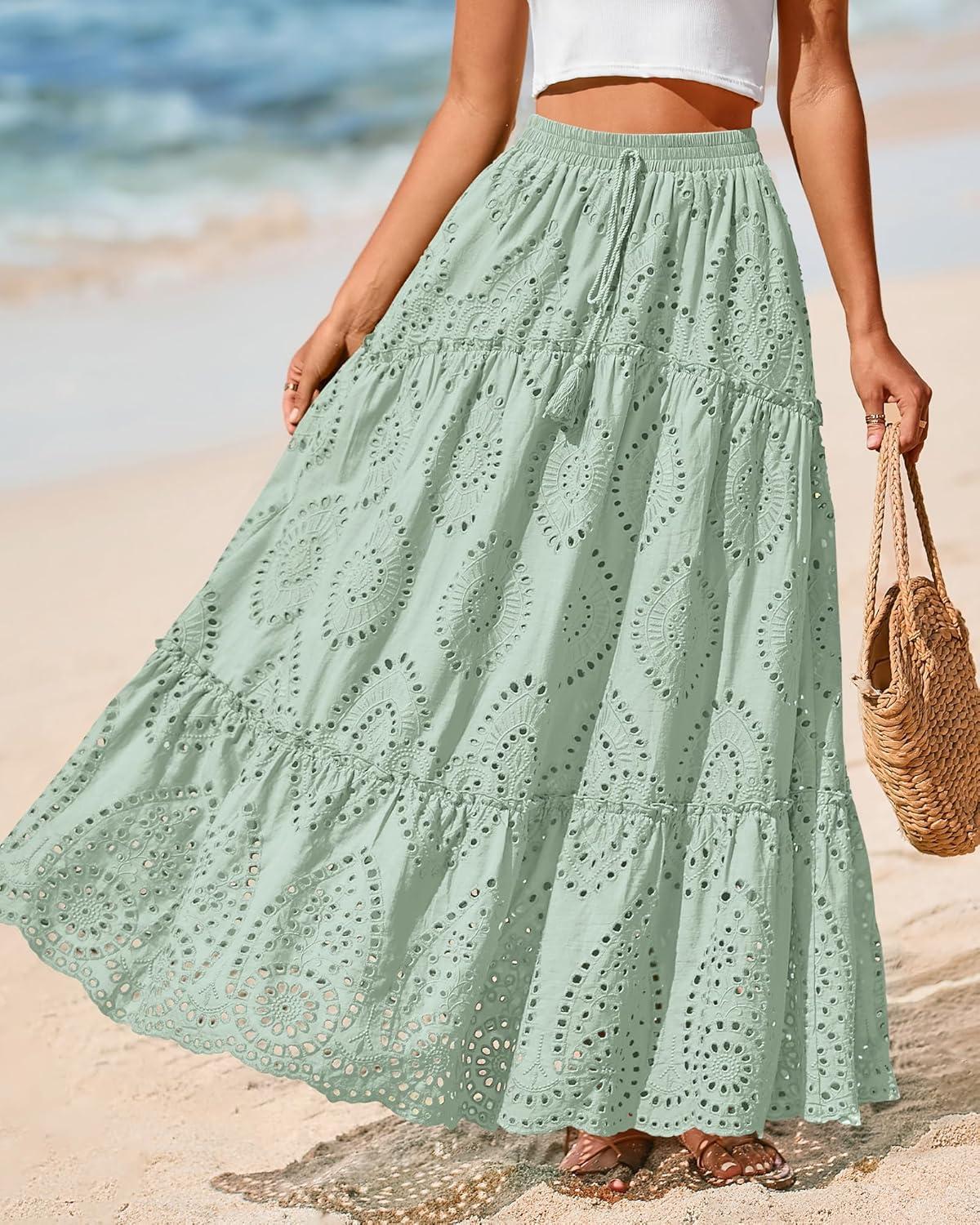 imageBTFBM Boho Long Skirts for Women Spring Summer 2026 Lace Embroidery High Waist Flowy Tiered Maxi Skirt Beach VacationLight Green