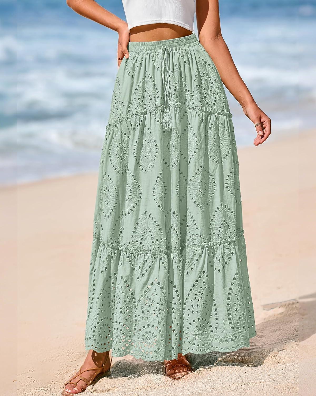 imageBTFBM Boho Long Skirts for Women Spring Summer 2026 Lace Embroidery High Waist Flowy Tiered Maxi Skirt Beach VacationLight Green