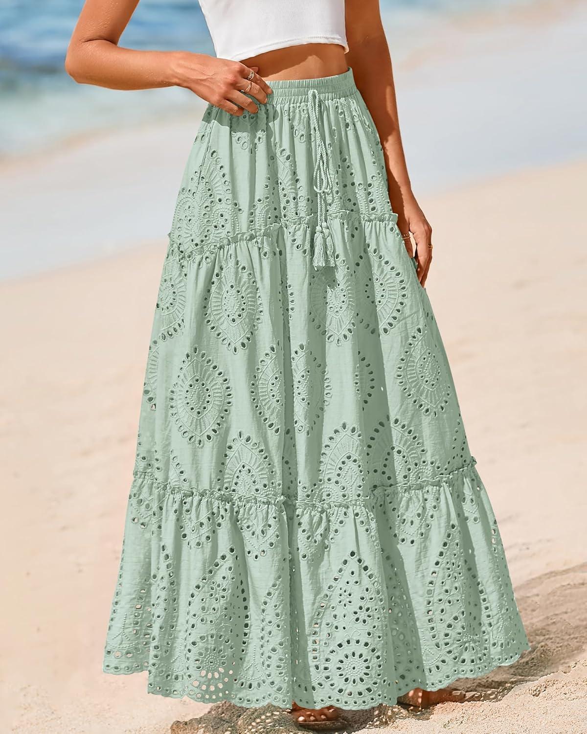 imageBTFBM Boho Long Skirts for Women Spring Summer 2026 Lace Embroidery High Waist Flowy Tiered Maxi Skirt Beach VacationLight Green