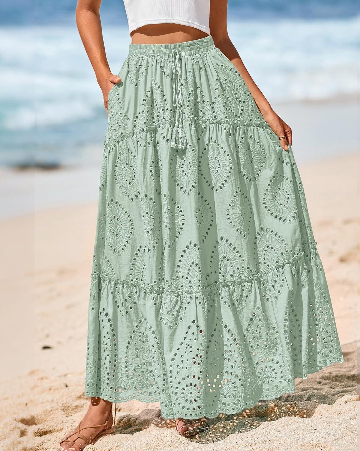 imageBTFBM Boho Long Skirts for Women Spring Summer 2026 Lace Embroidery High Waist Flowy Tiered Maxi Skirt Beach VacationLight Green