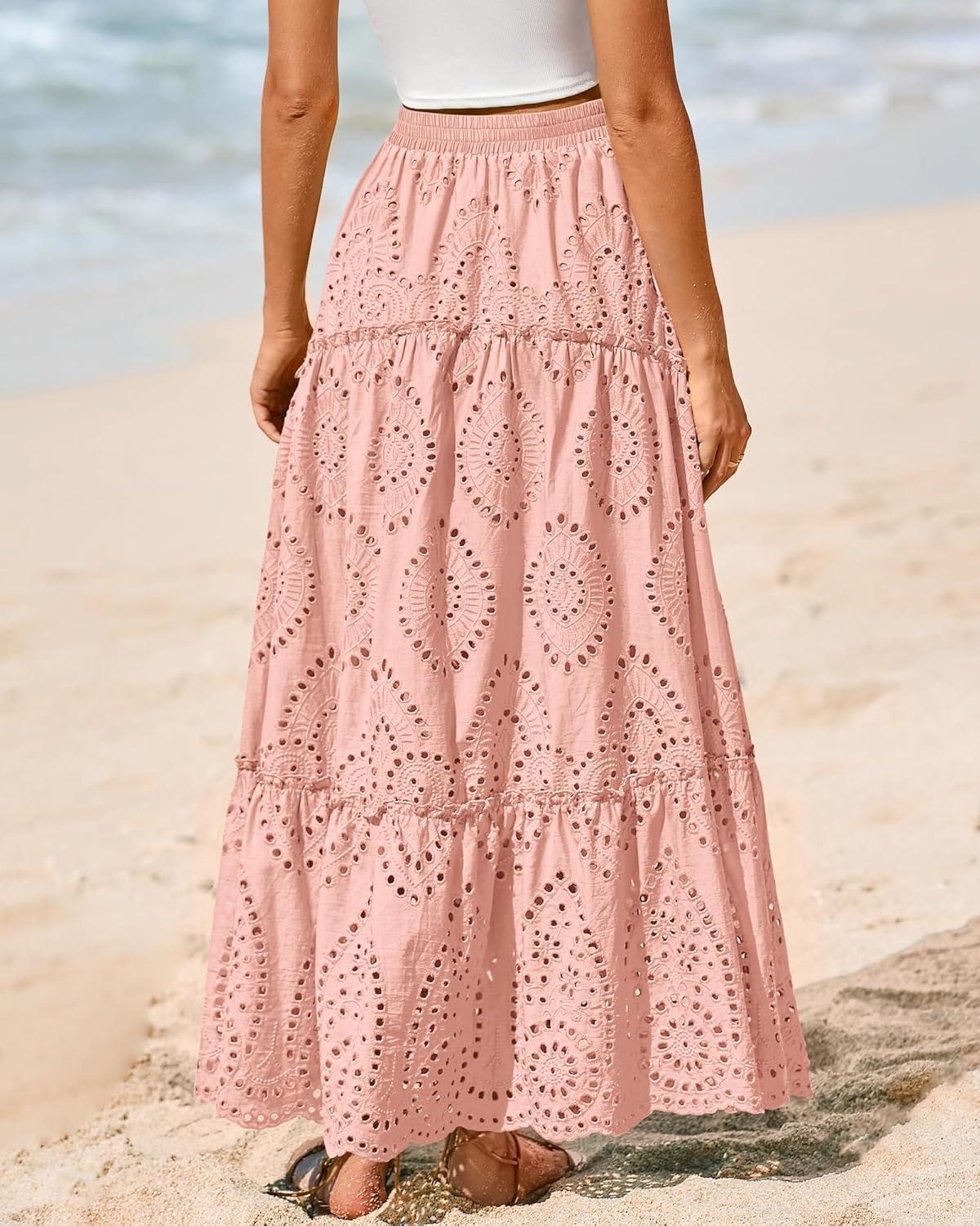 imageBTFBM Boho Long Skirts for Women Spring Summer 2026 Lace Embroidery High Waist Flowy Tiered Maxi Skirt Beach VacationPink