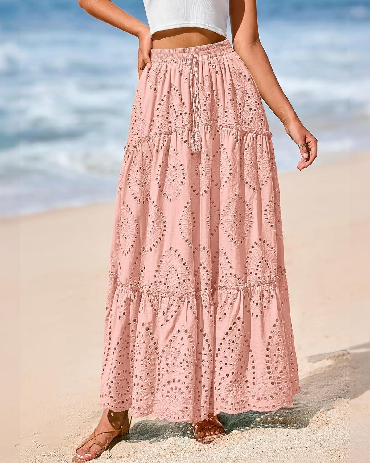 imageBTFBM Boho Long Skirts for Women Spring Summer 2026 Lace Embroidery High Waist Flowy Tiered Maxi Skirt Beach VacationPink