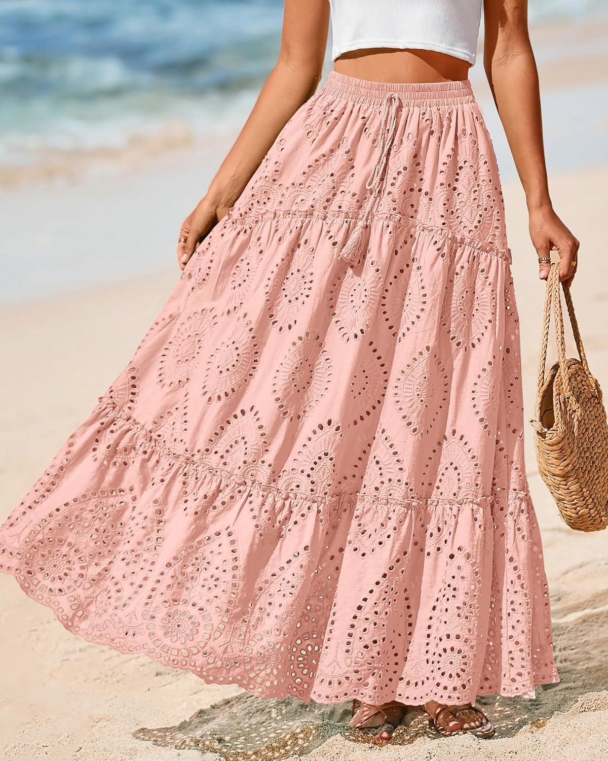 imageBTFBM Boho Long Skirts for Women Spring Summer 2026 Lace Embroidery High Waist Flowy Tiered Maxi Skirt Beach VacationPink