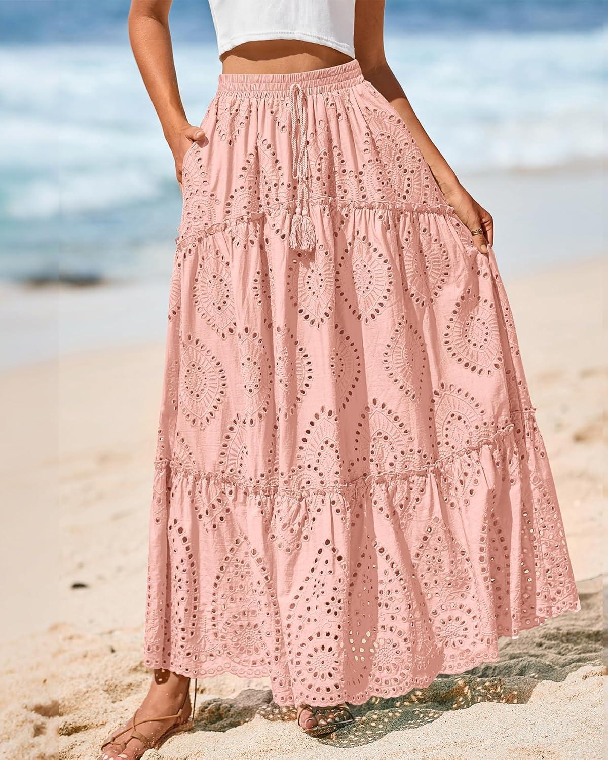 imageBTFBM Boho Long Skirts for Women Spring Summer 2026 Lace Embroidery High Waist Flowy Tiered Maxi Skirt Beach VacationPink