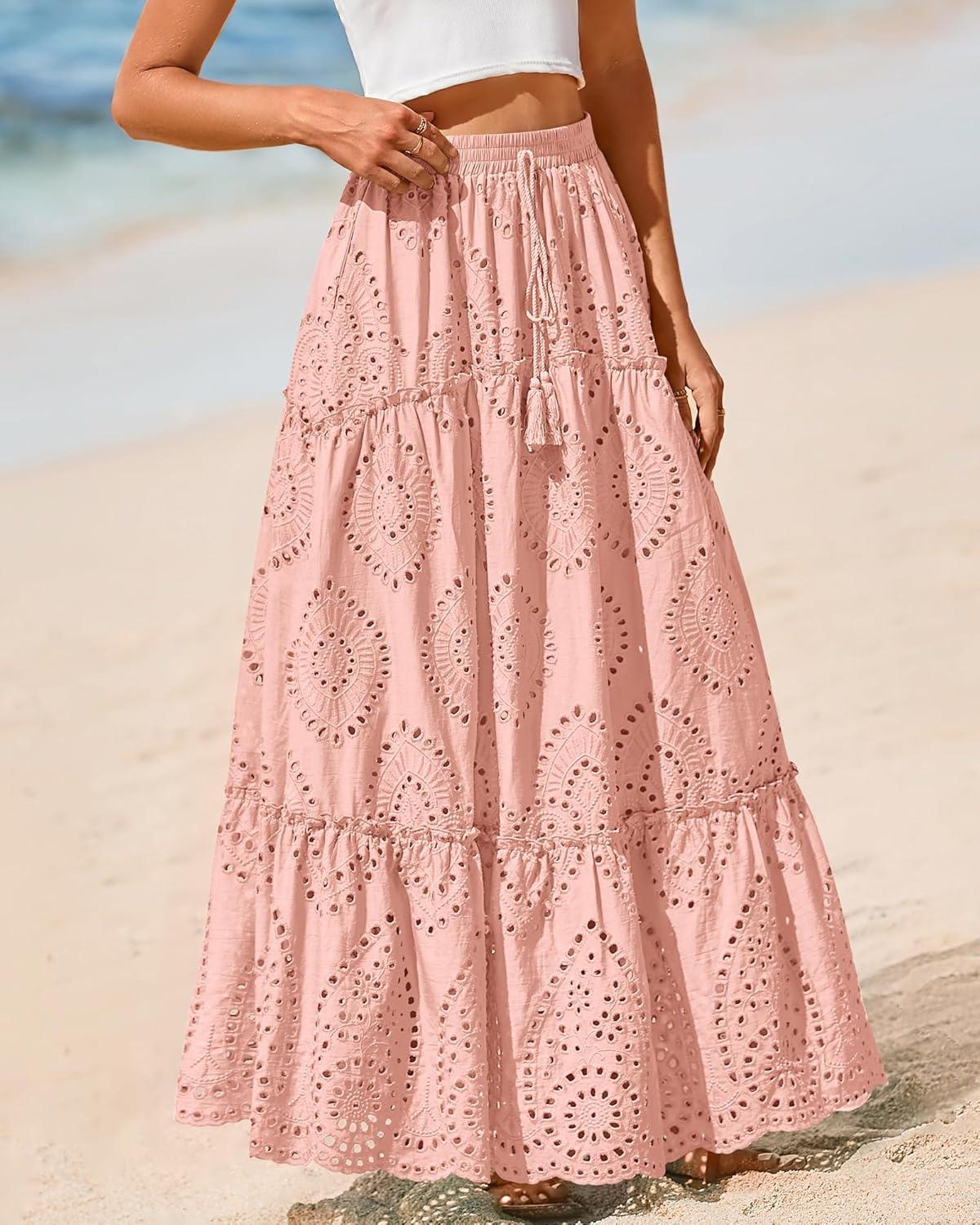 imageBTFBM Boho Long Skirts for Women Spring Summer 2026 Lace Embroidery High Waist Flowy Tiered Maxi Skirt Beach VacationPink