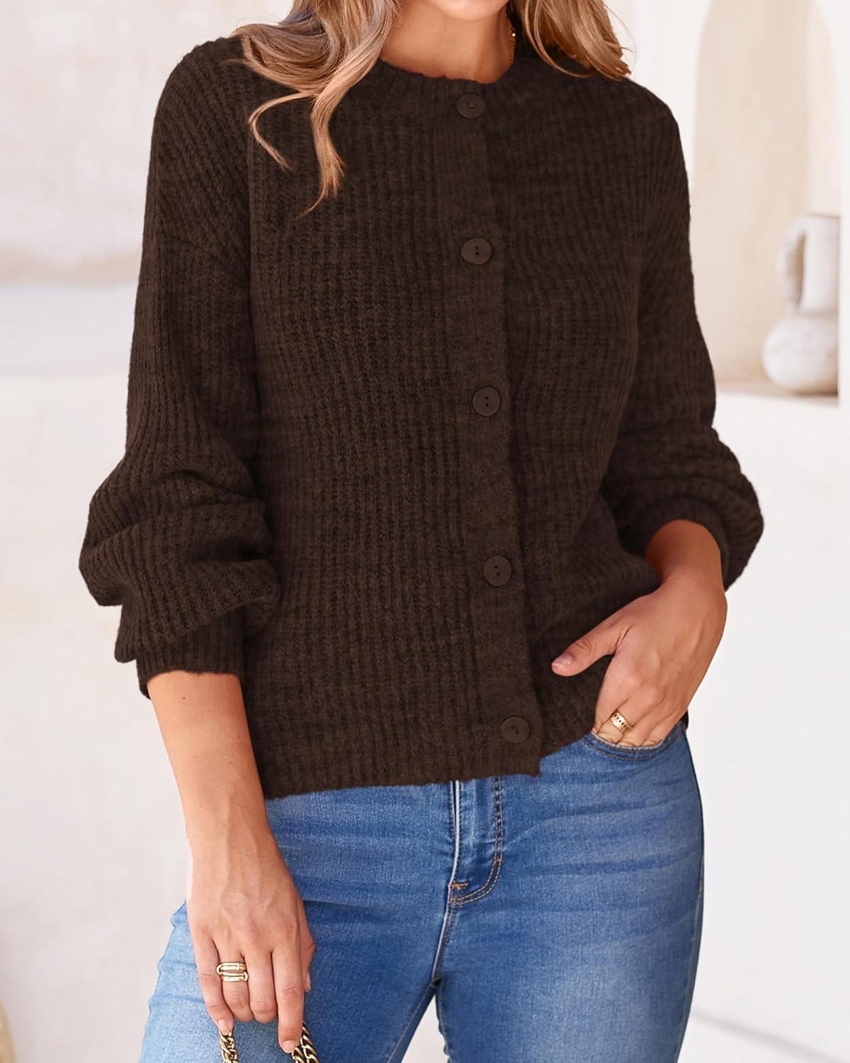 imageBTFBM Cardigan Sweaters for Women Fall 2026 Long Sleeve Button Down Soft Loose Chunky Knit Outwear Cropped Winter CoatsCoffee