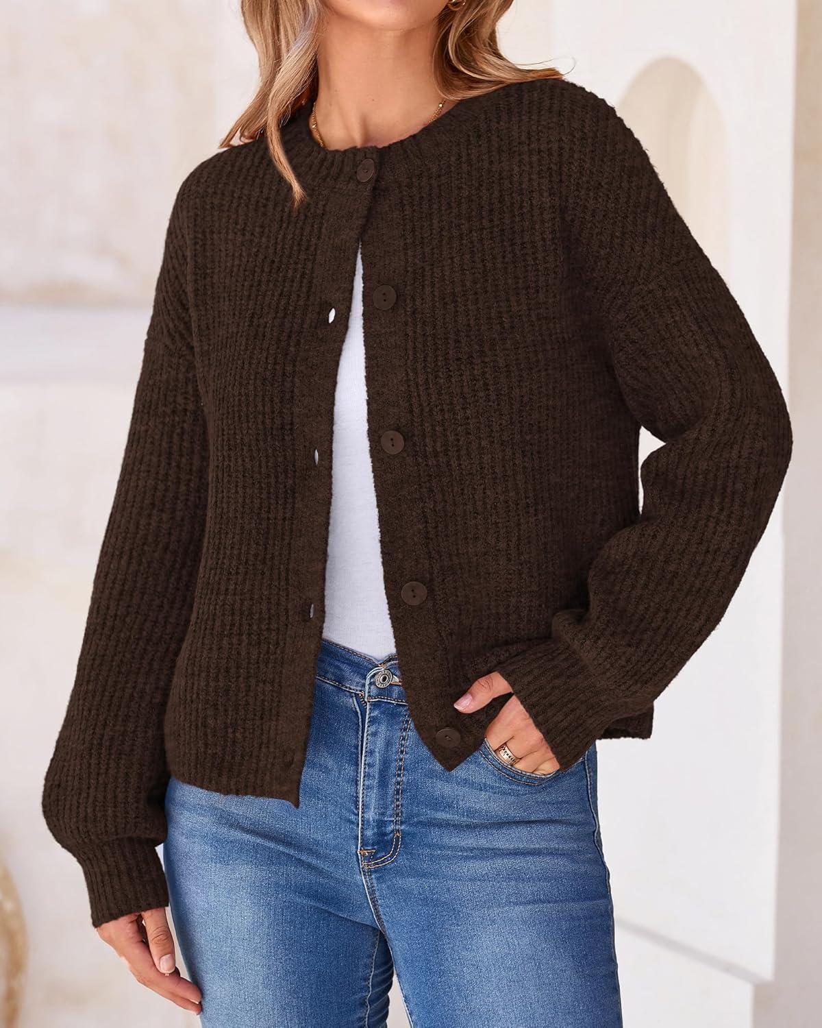 imageBTFBM Cardigan Sweaters for Women Fall 2026 Long Sleeve Button Down Soft Loose Chunky Knit Outwear Cropped Winter CoatsCoffee