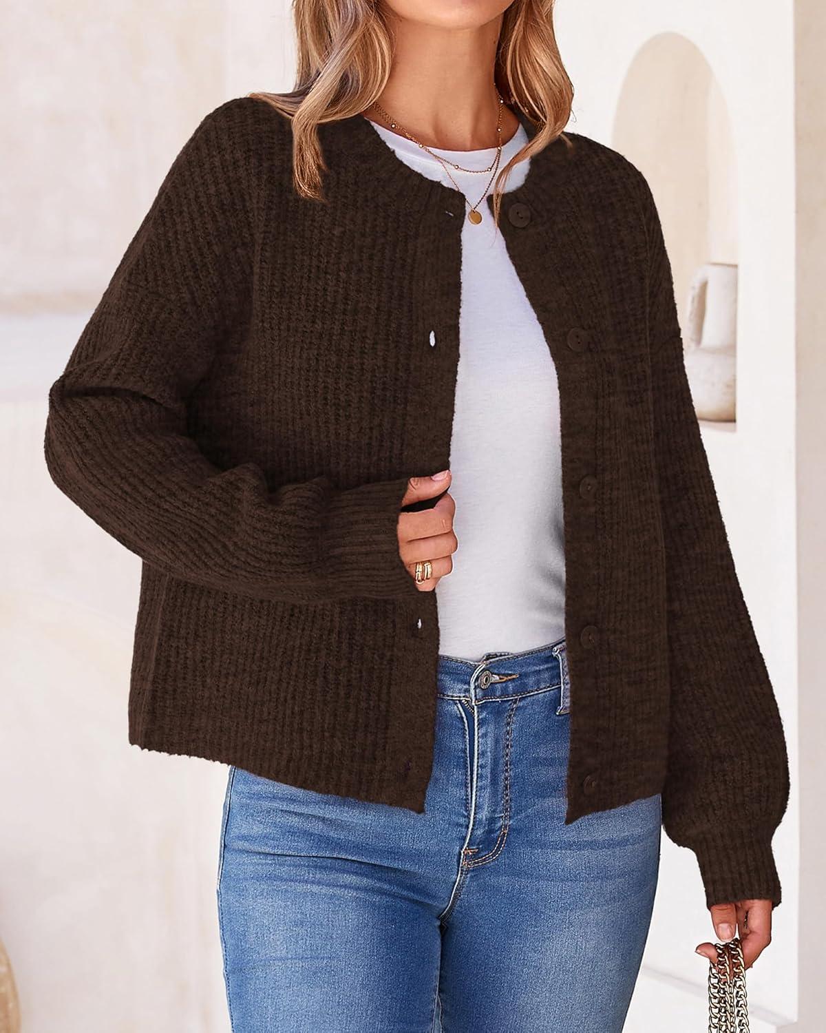 imageBTFBM Cardigan Sweaters for Women Fall 2026 Long Sleeve Button Down Soft Loose Chunky Knit Outwear Cropped Winter CoatsCoffee
