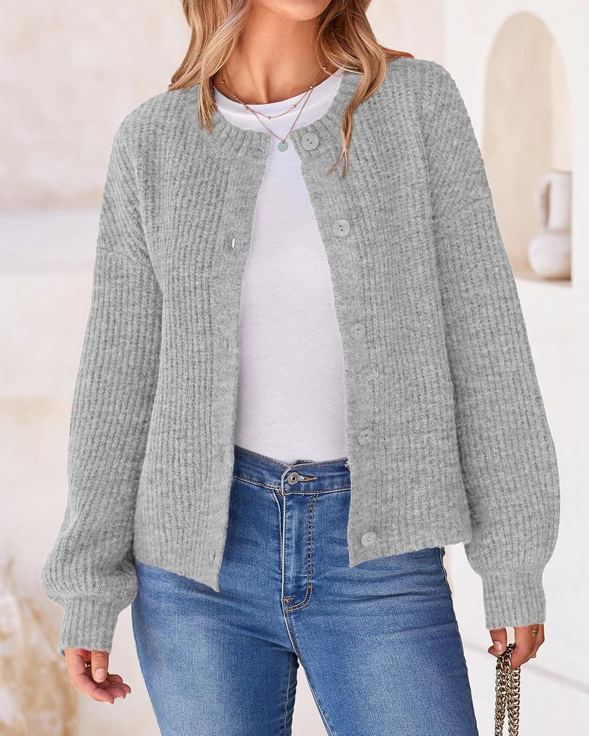 imageBTFBM Cardigan Sweaters for Women Fall 2026 Long Sleeve Button Down Soft Loose Chunky Knit Outwear Cropped Winter CoatsGrey